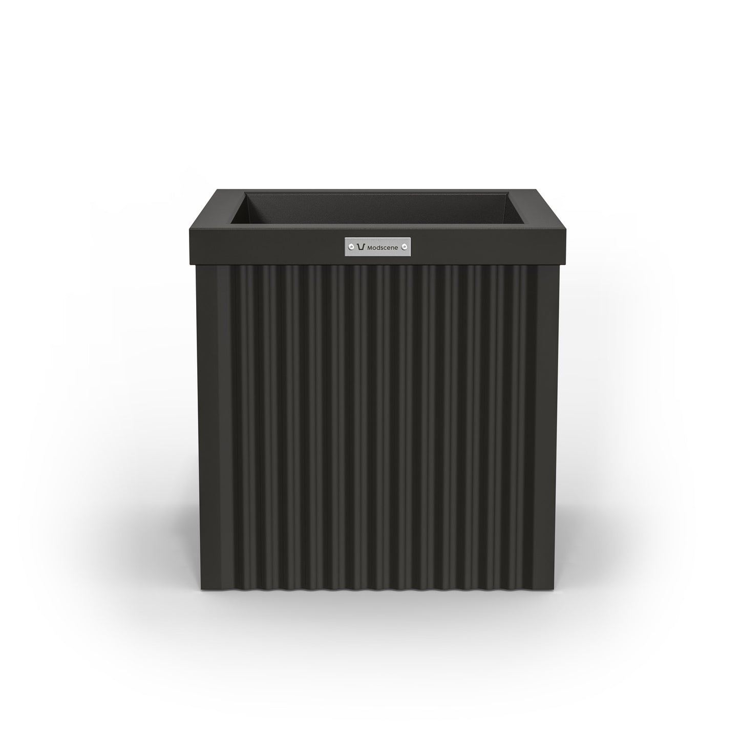 A corrugated square planter pot. The pot planter is ebony black in colour.