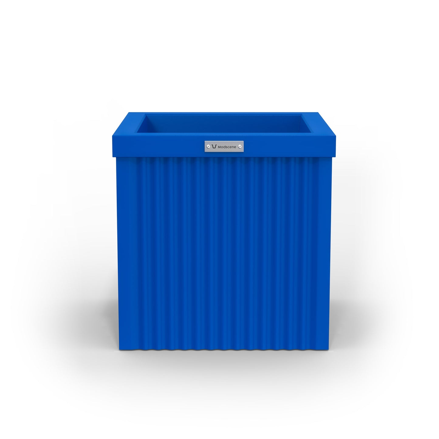 A corrugated square planter pot. The pot planter is dark blue in colour.