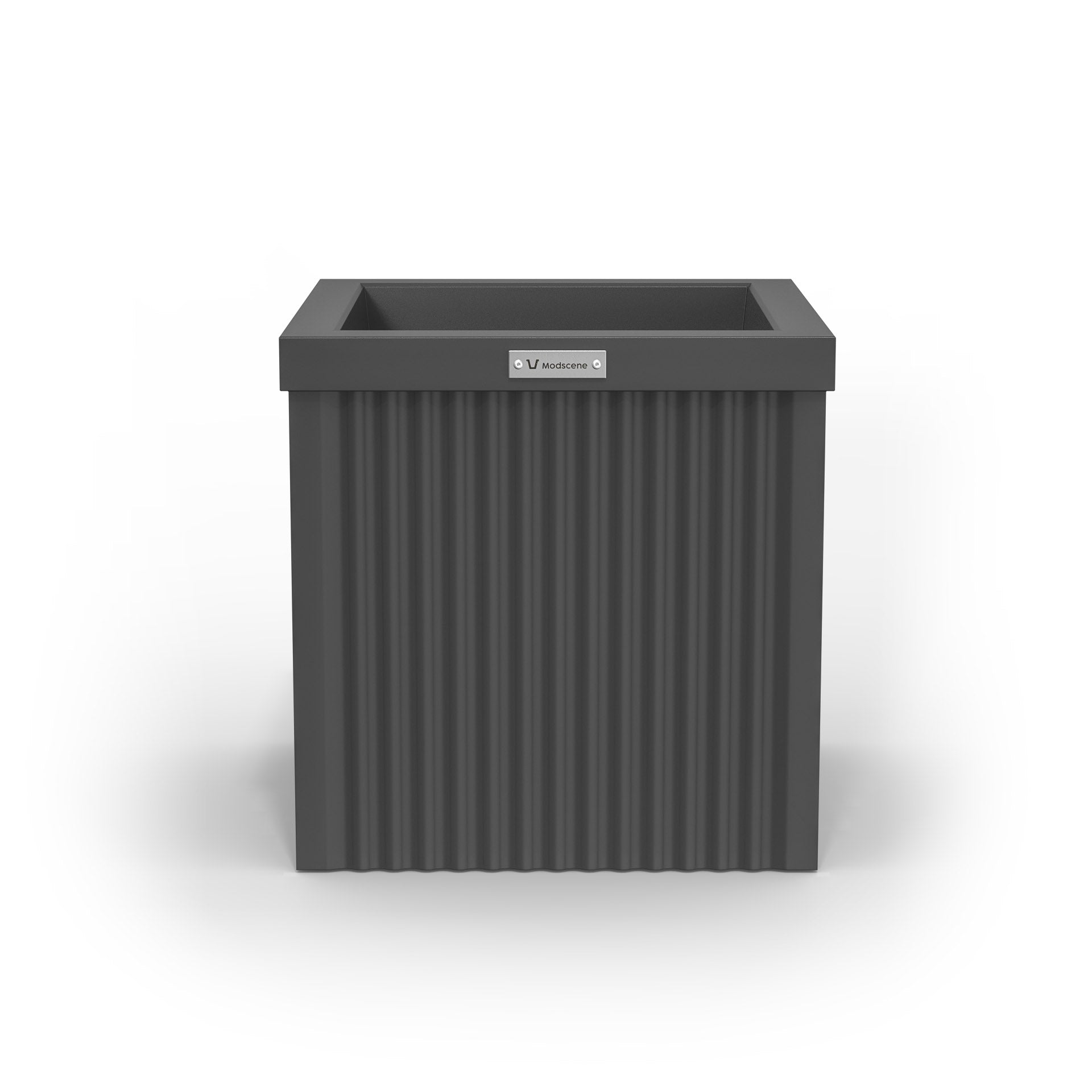 A corrugated square planter pot. The pot planter is dark grey in colour.