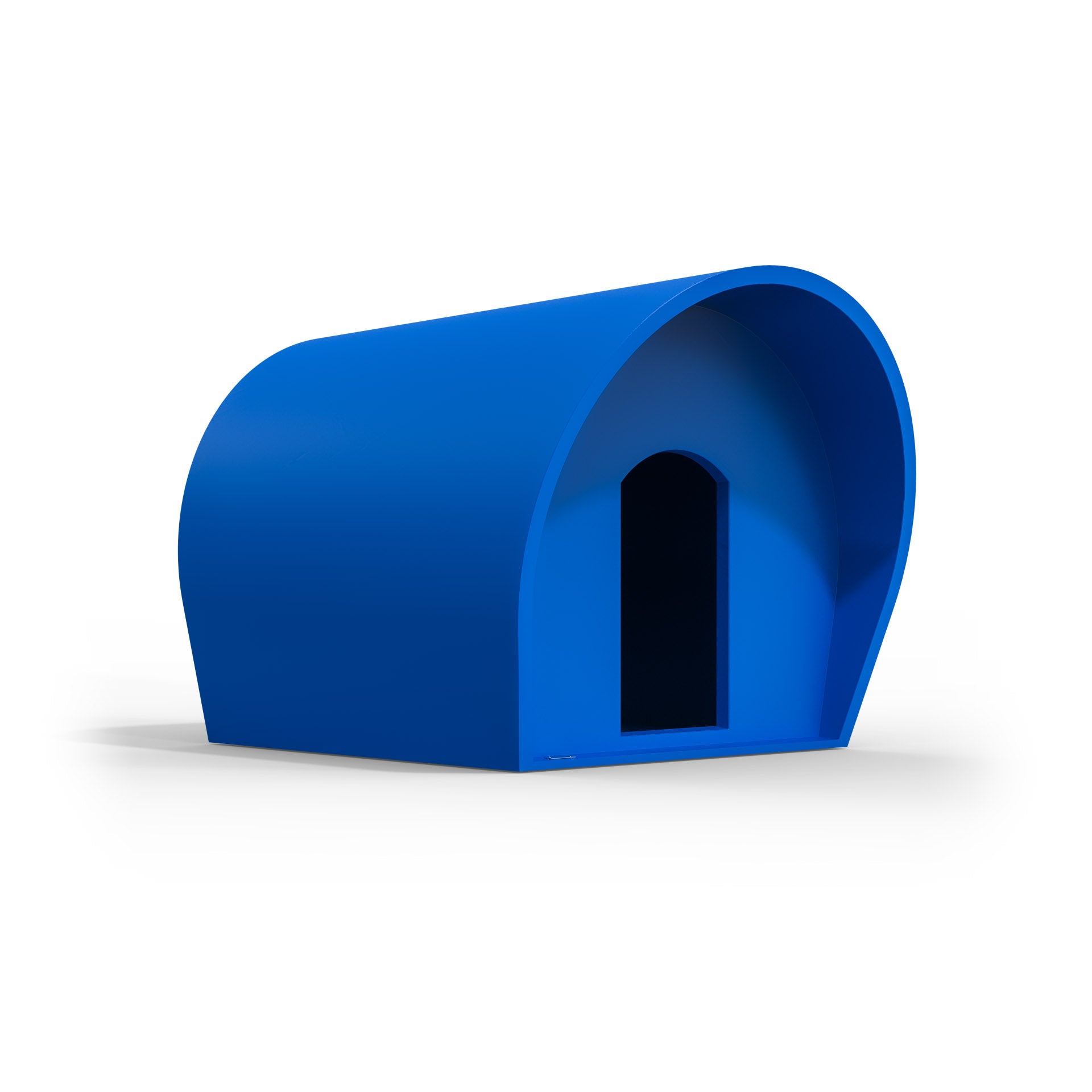 A medium-sized dog kennel made by Modscene in a dark blue colour.
