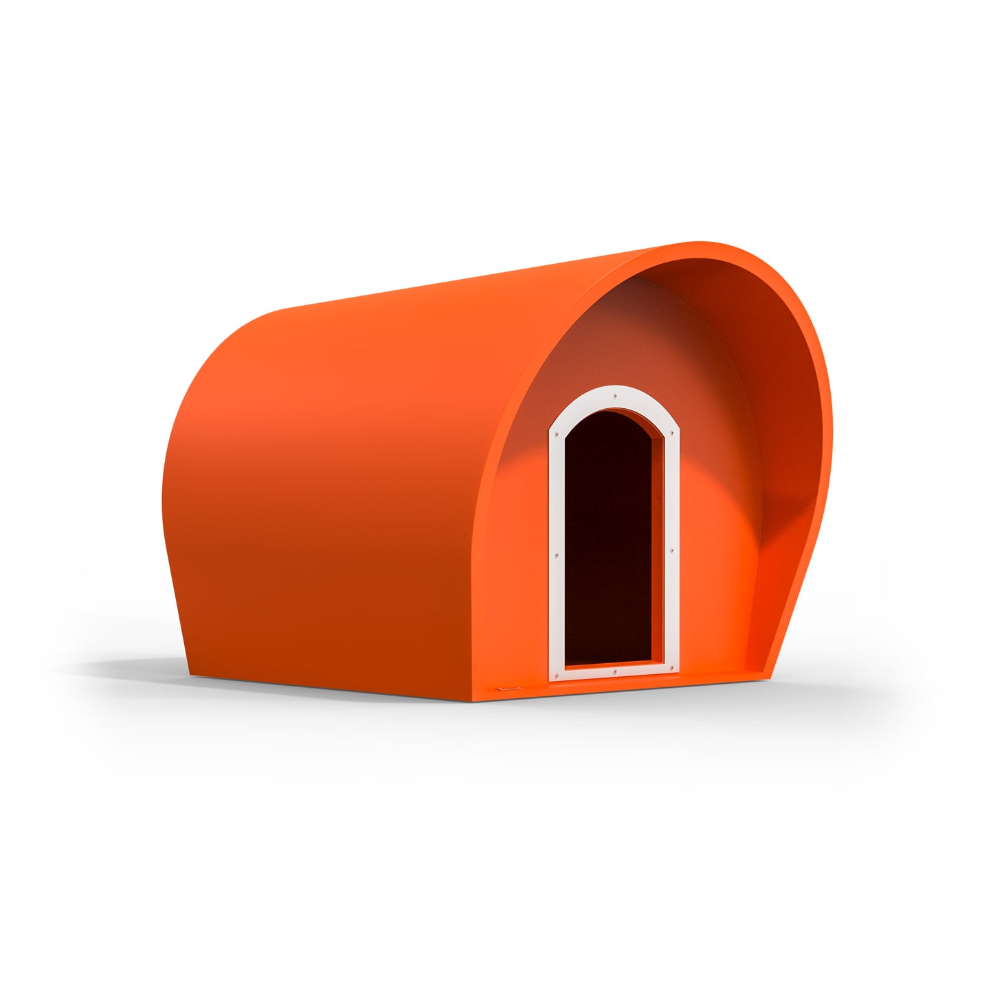 A large orange dog kennel made by Modscene in New Zealand.
