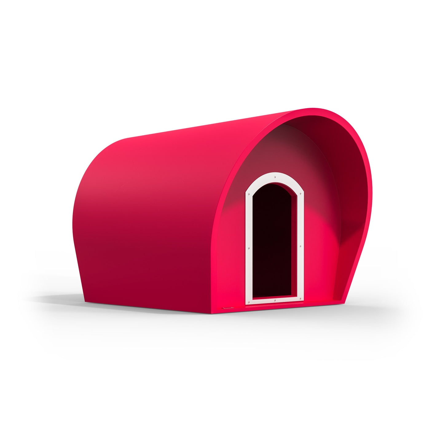A large pink dog kennel made by Modscene in New Zealand.