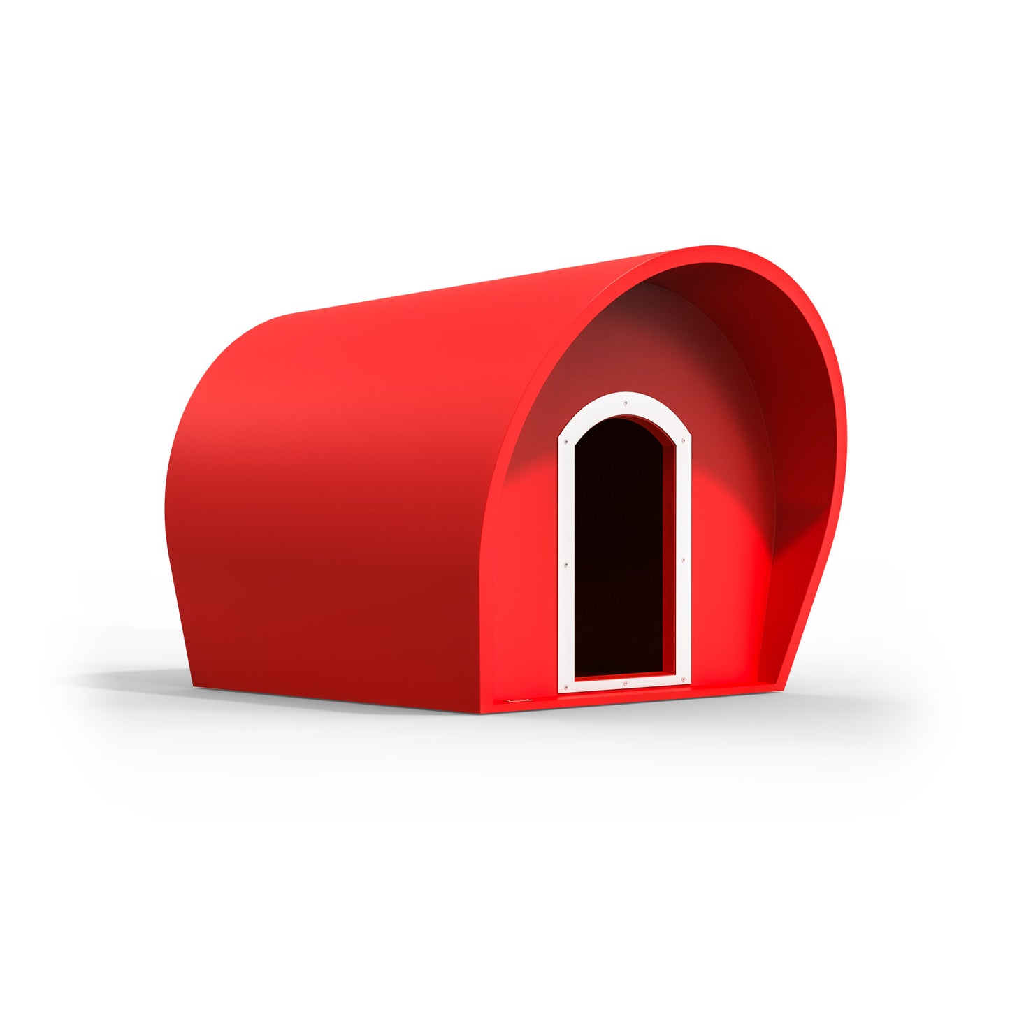 A large red dog kennel made by Modscene in New Zealand.