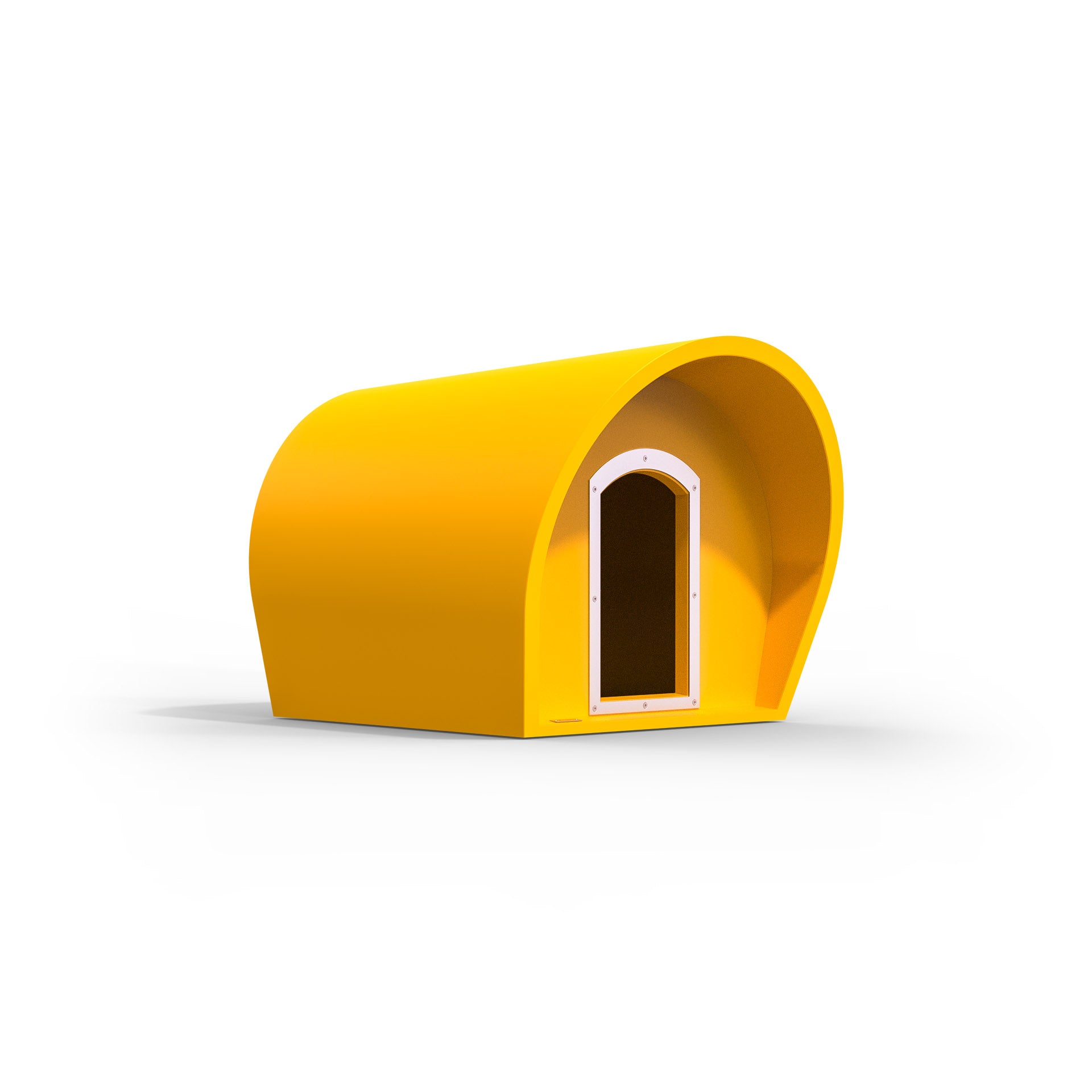 A yellow medium-sized dog kennel made by Modscene. NZ made dog kennels.