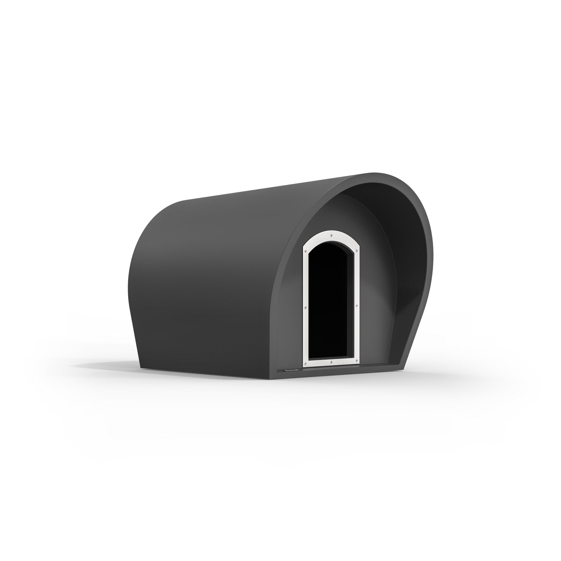 A medium-sized dog kennel in a dark grey colour. New Zealand made dog kennels.