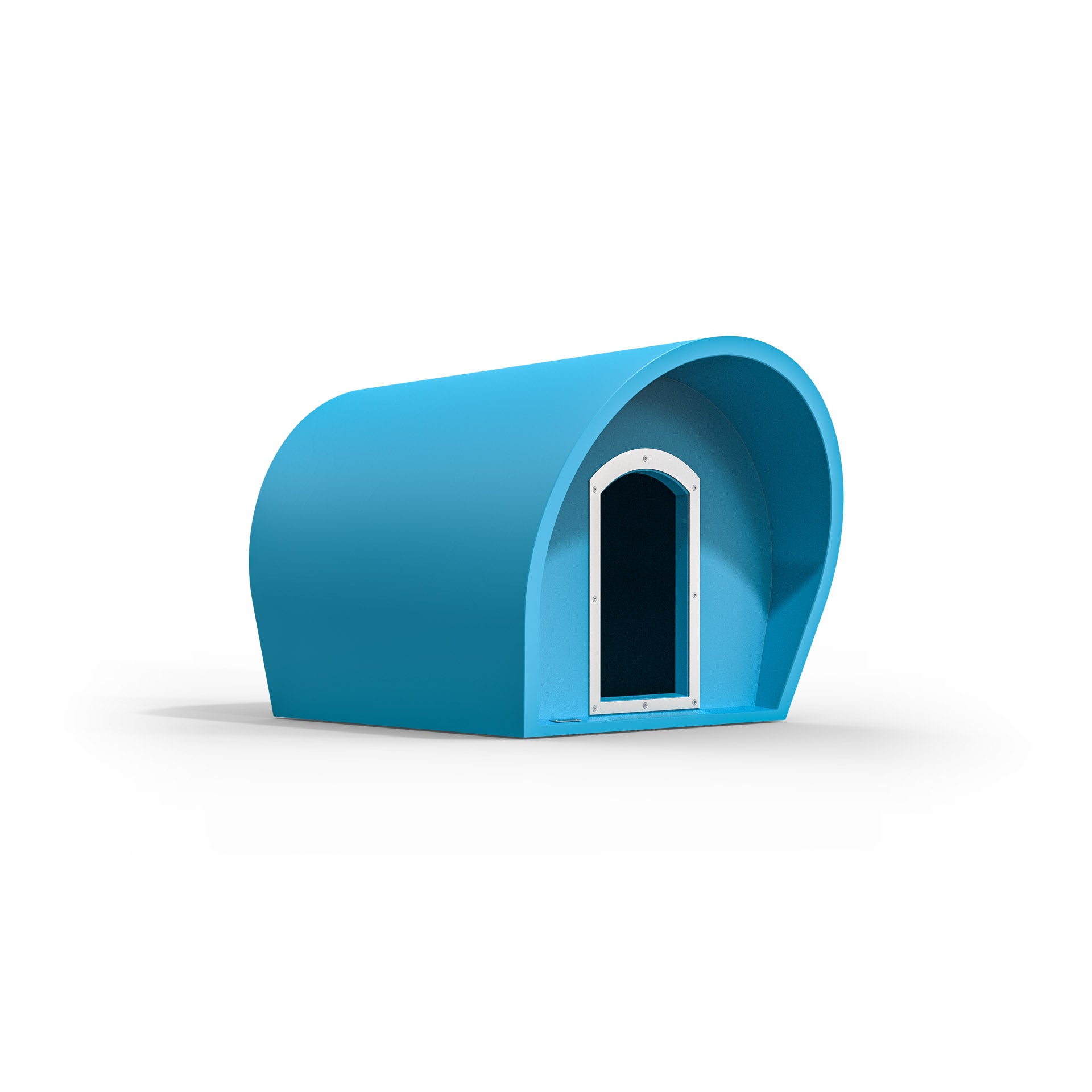 A medium-sized dog kennel in a light blue colour. Modscene kennels made in NZ.