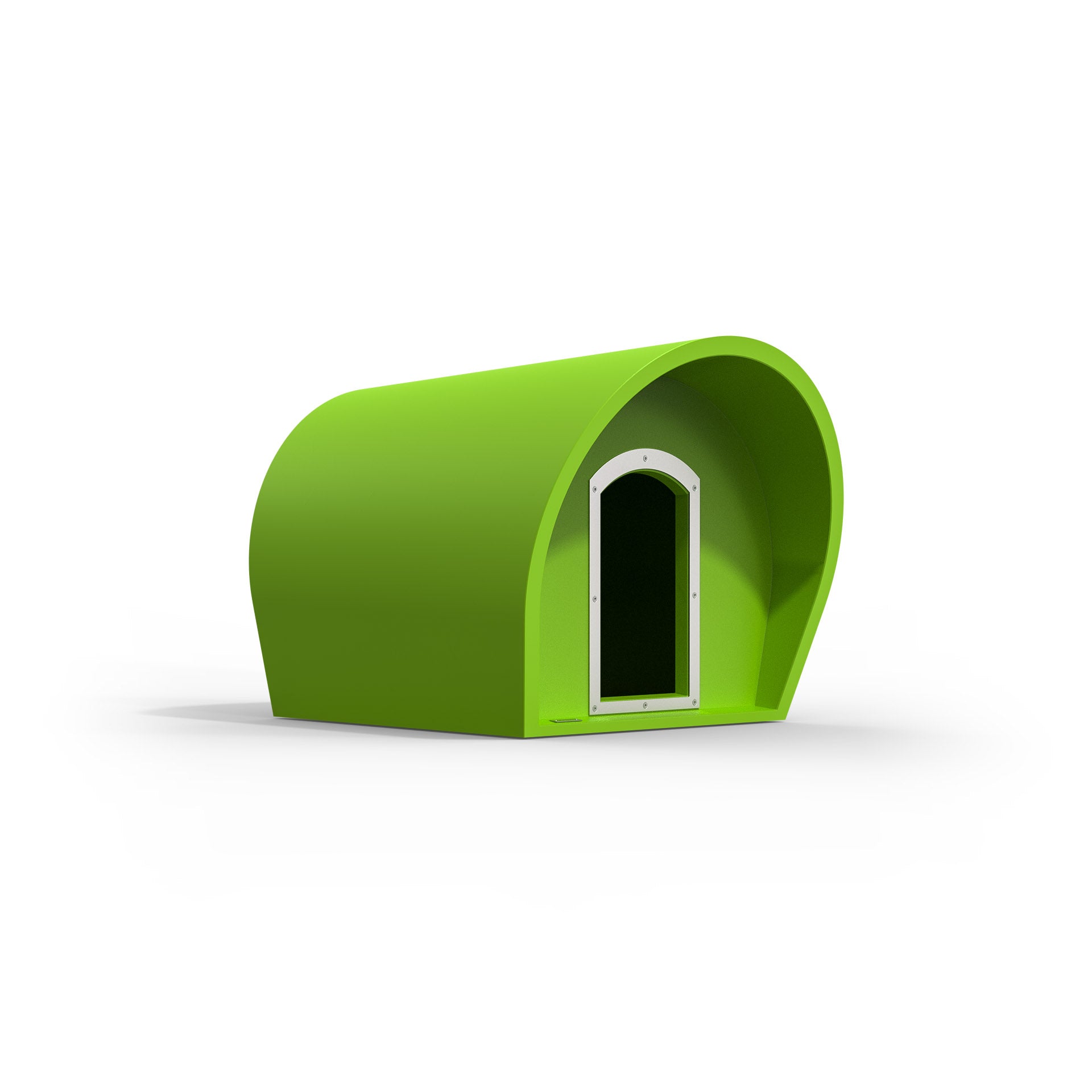 A green medium-sized dog kennel. Modscene kennels made in NZ.