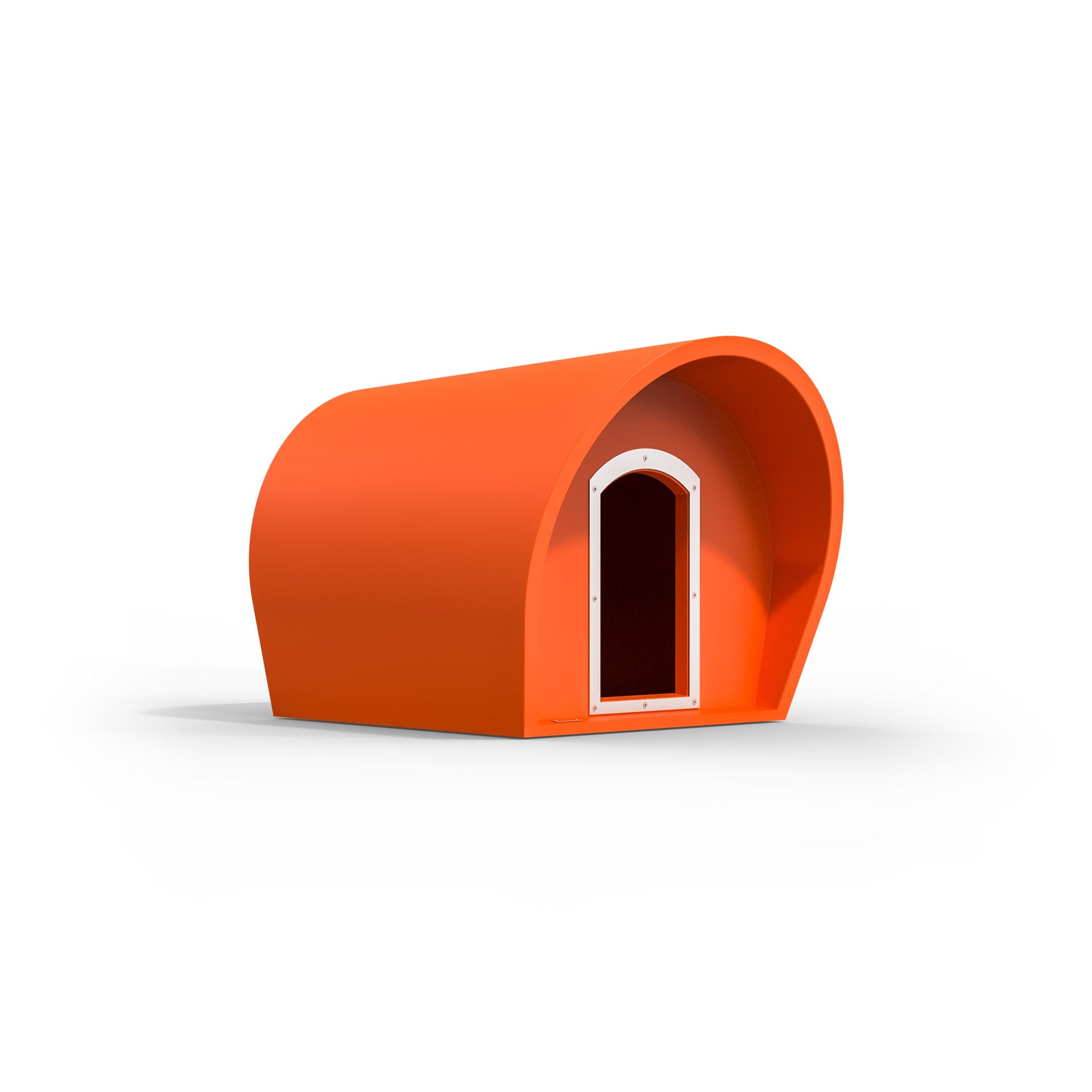 A orange medium-sized dog kennel. Modscene kennels made in NZ.