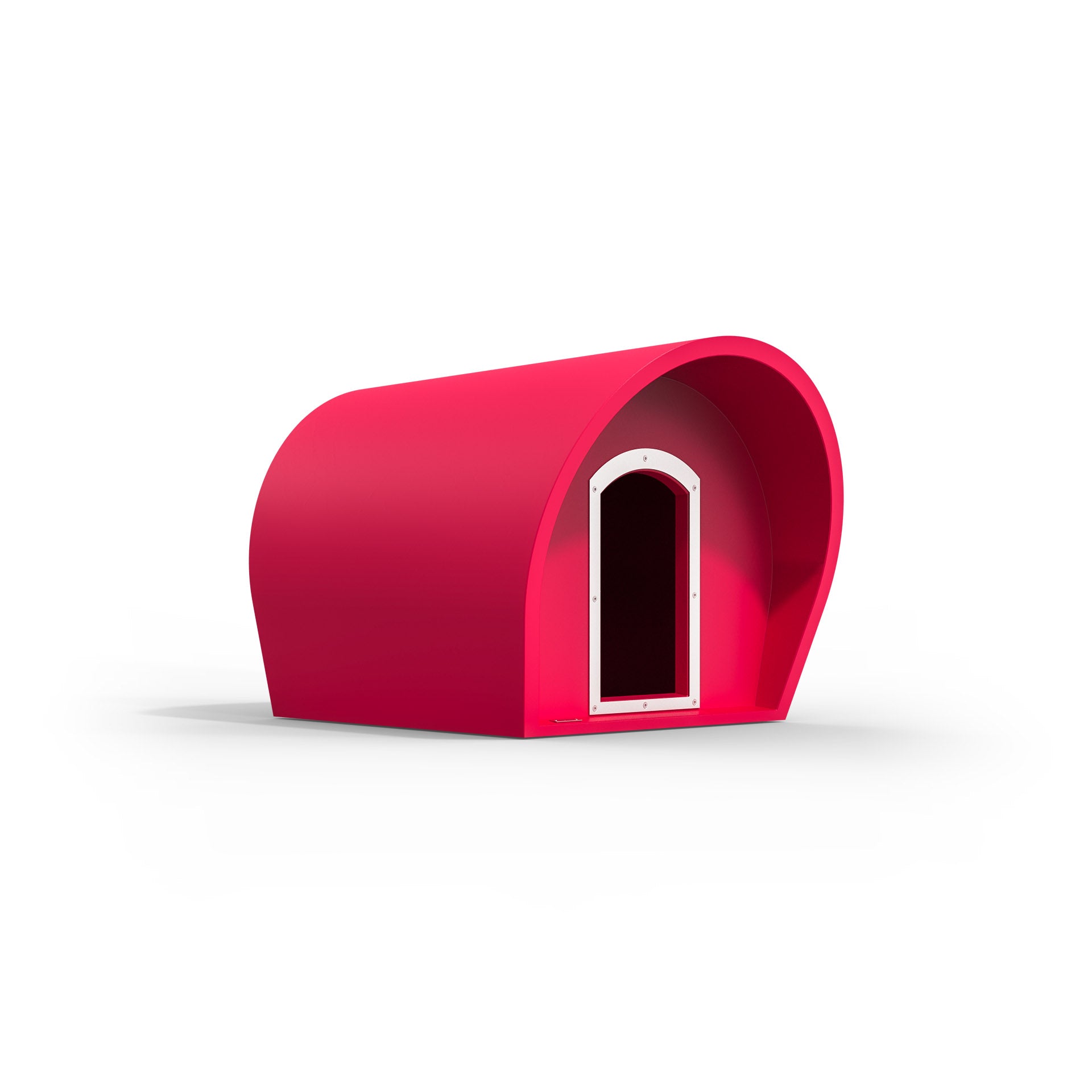 A pink medium-sized dog kennel. Modscene kennels made in NZ.