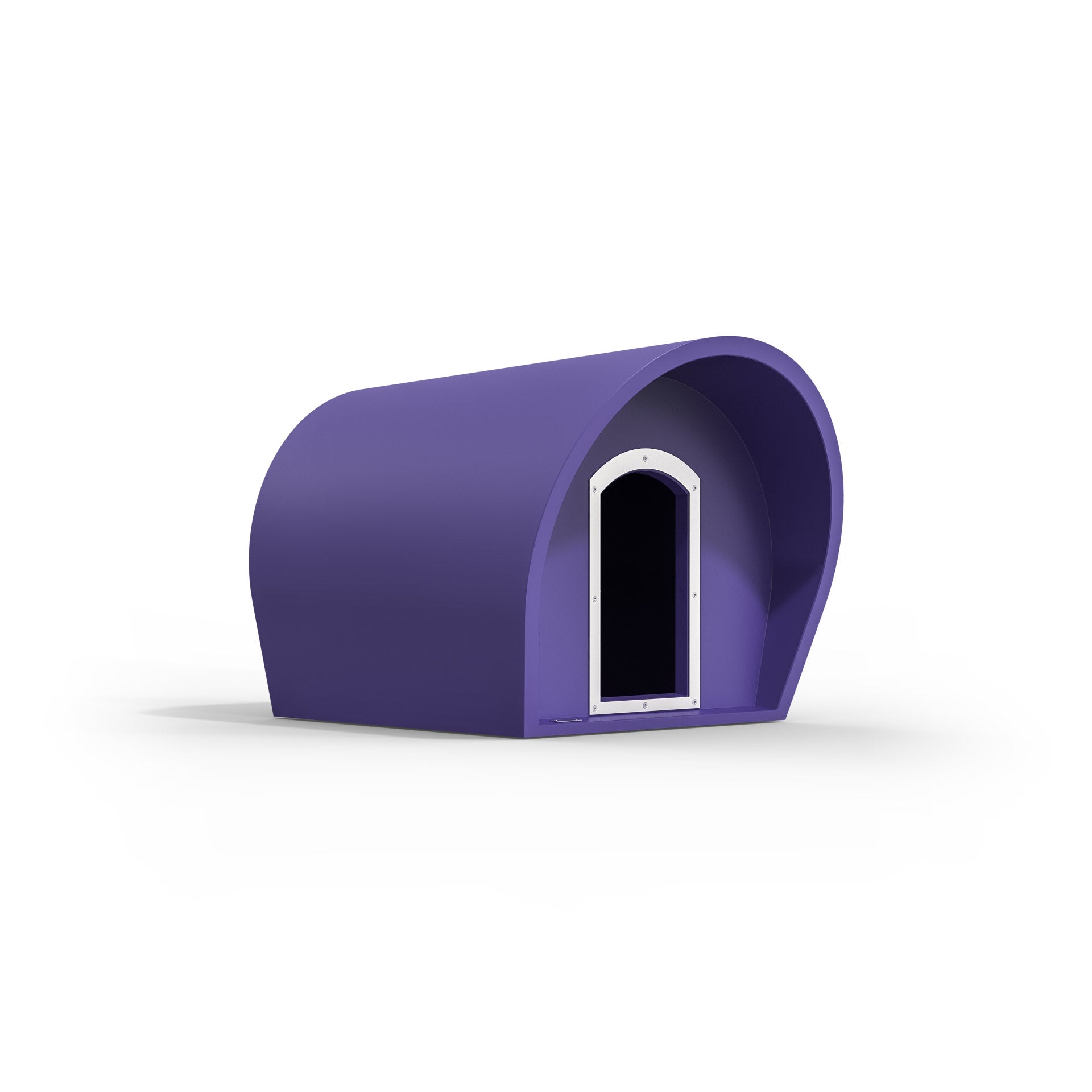 A purple medium-sized dog kennel. Modscene kennels made in NZ.