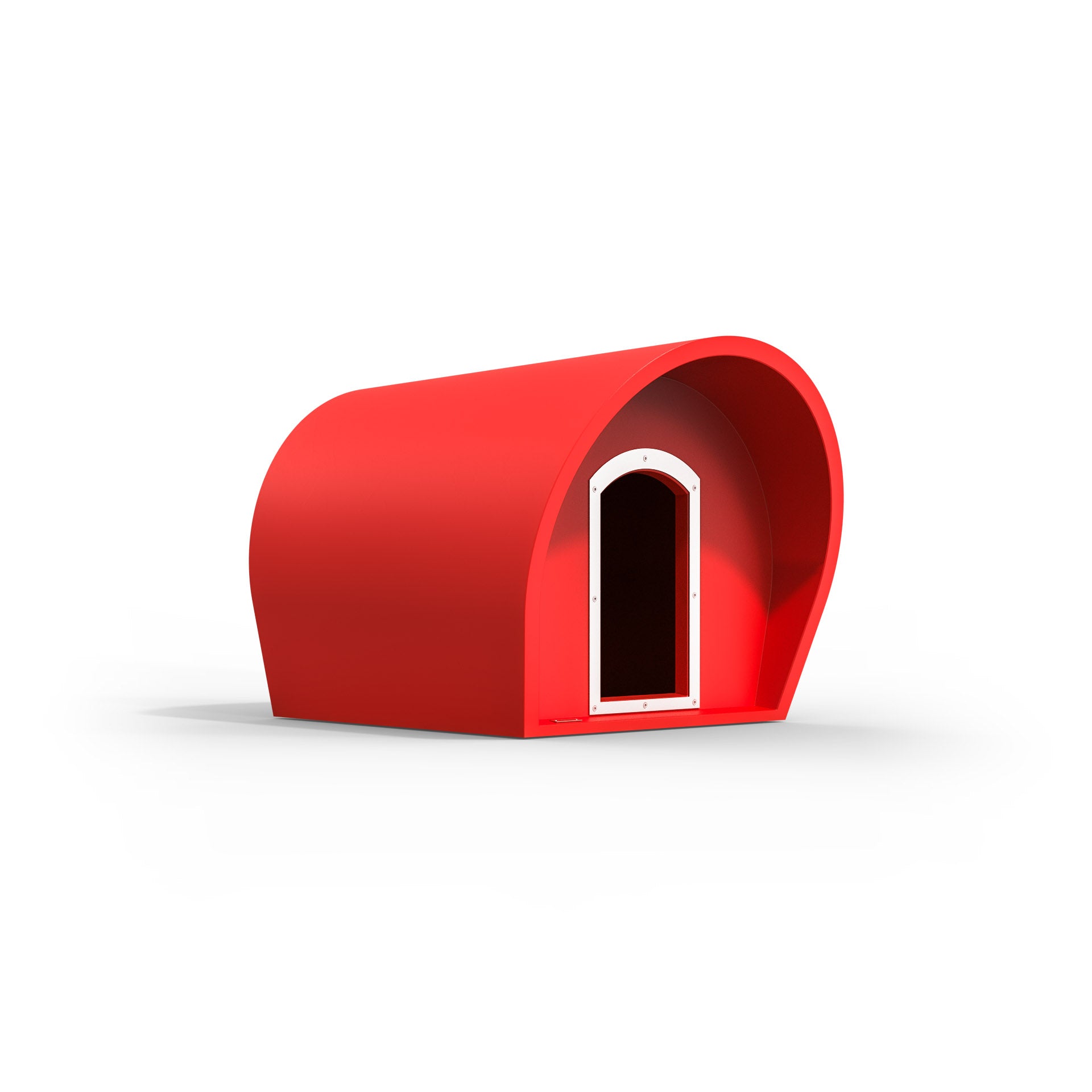 A red medium-sized dog kennel. Modscene kennels made in NZ.