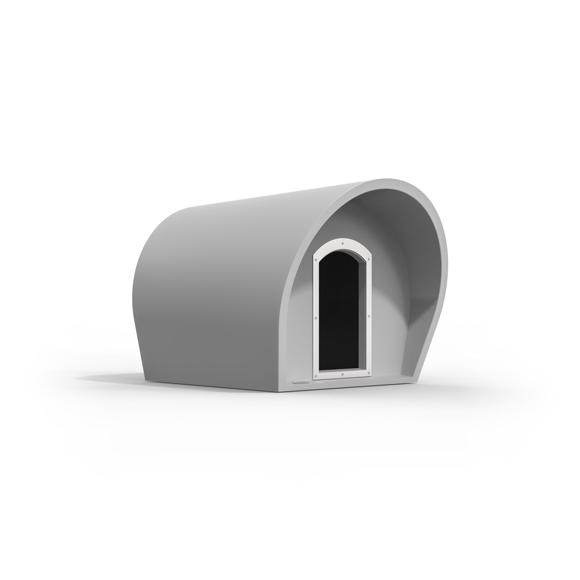 A medium-sized dog kennel in a light grey colour. New Zealand made kennels.