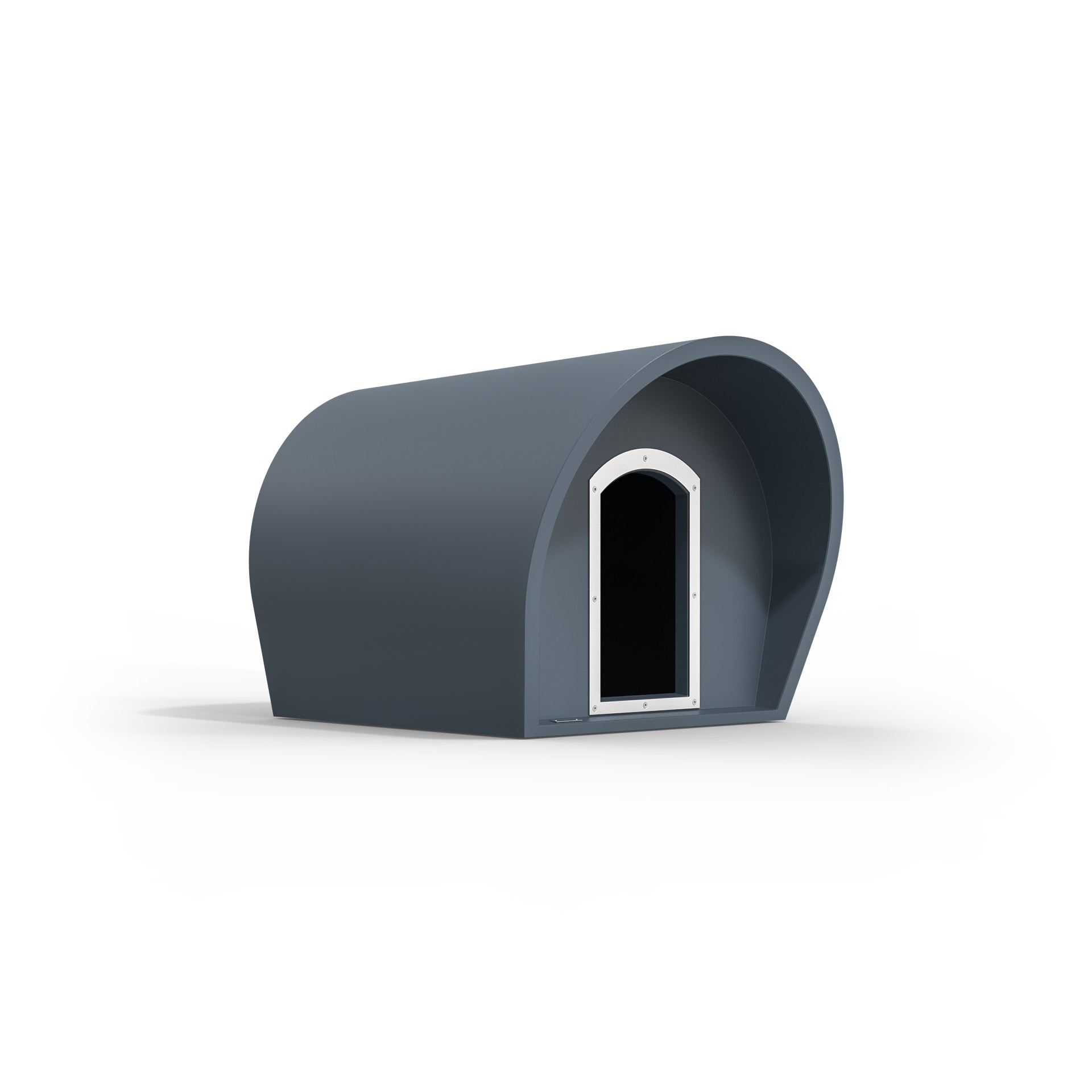 A medium-sized dog kennel in a steel blue colour. New Zealand made kennels.