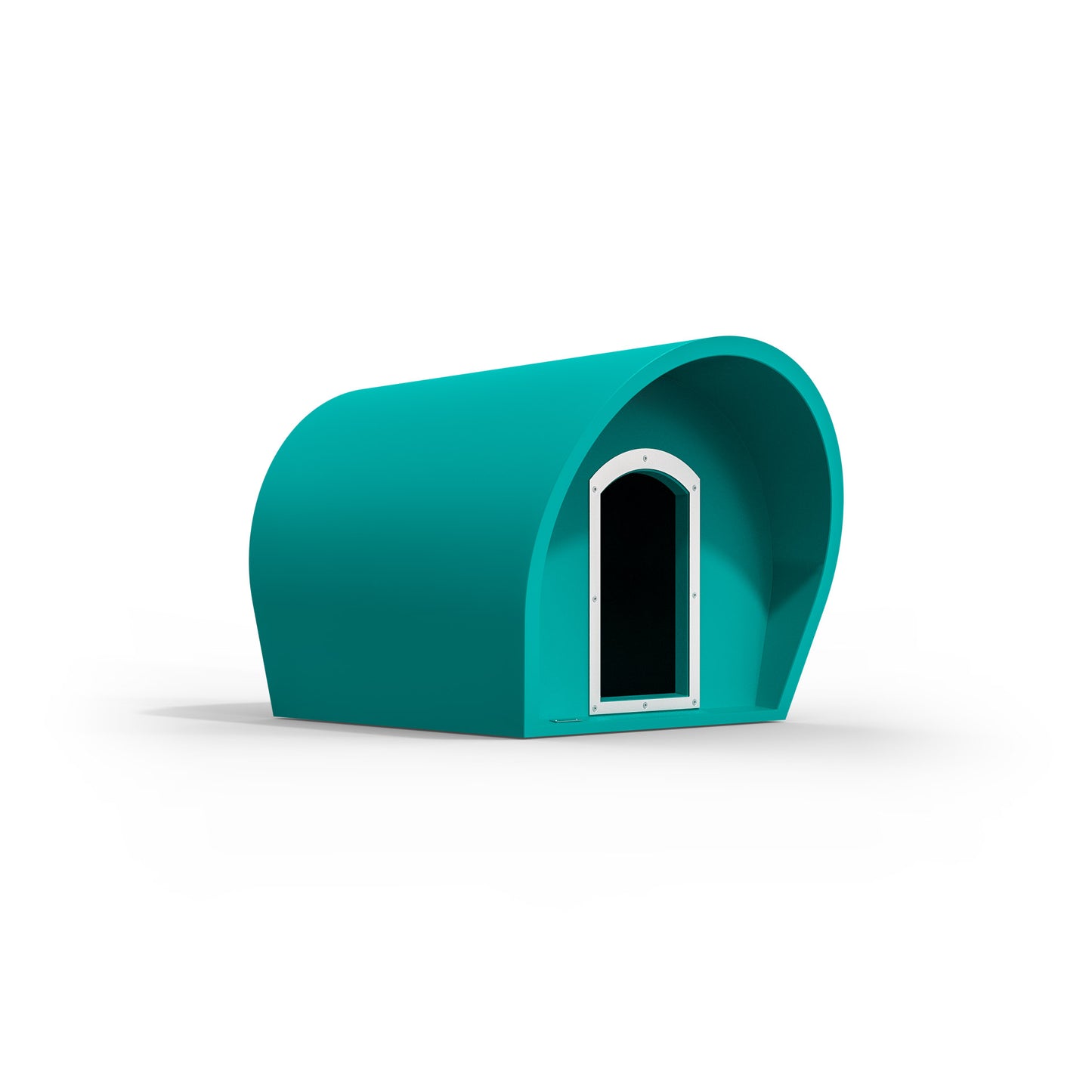 A medium-sized dog kennel in a teal blue colour. New Zealand made kennels.