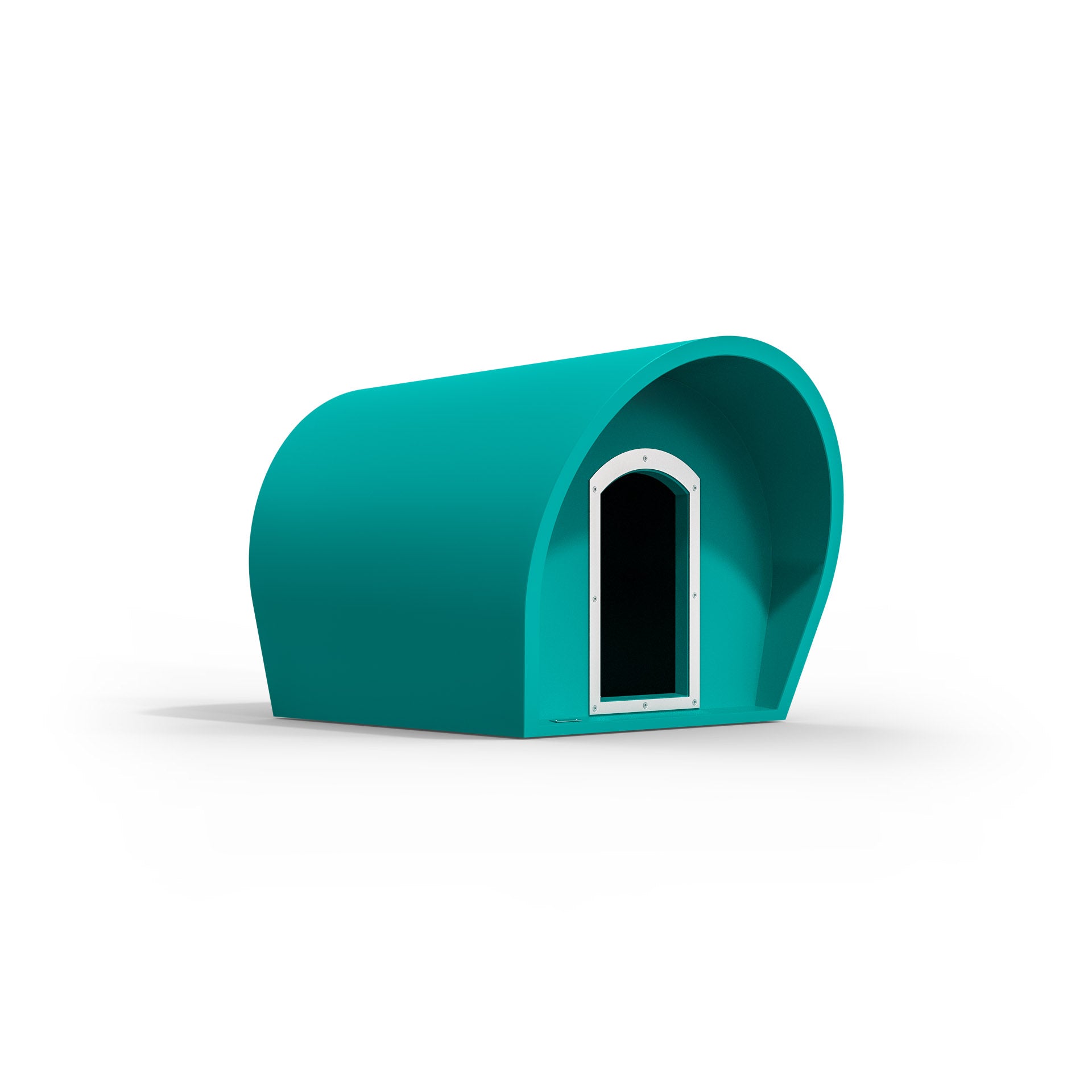 A medium-sized dog kennel in a teal blue colour. New Zealand made kennels.