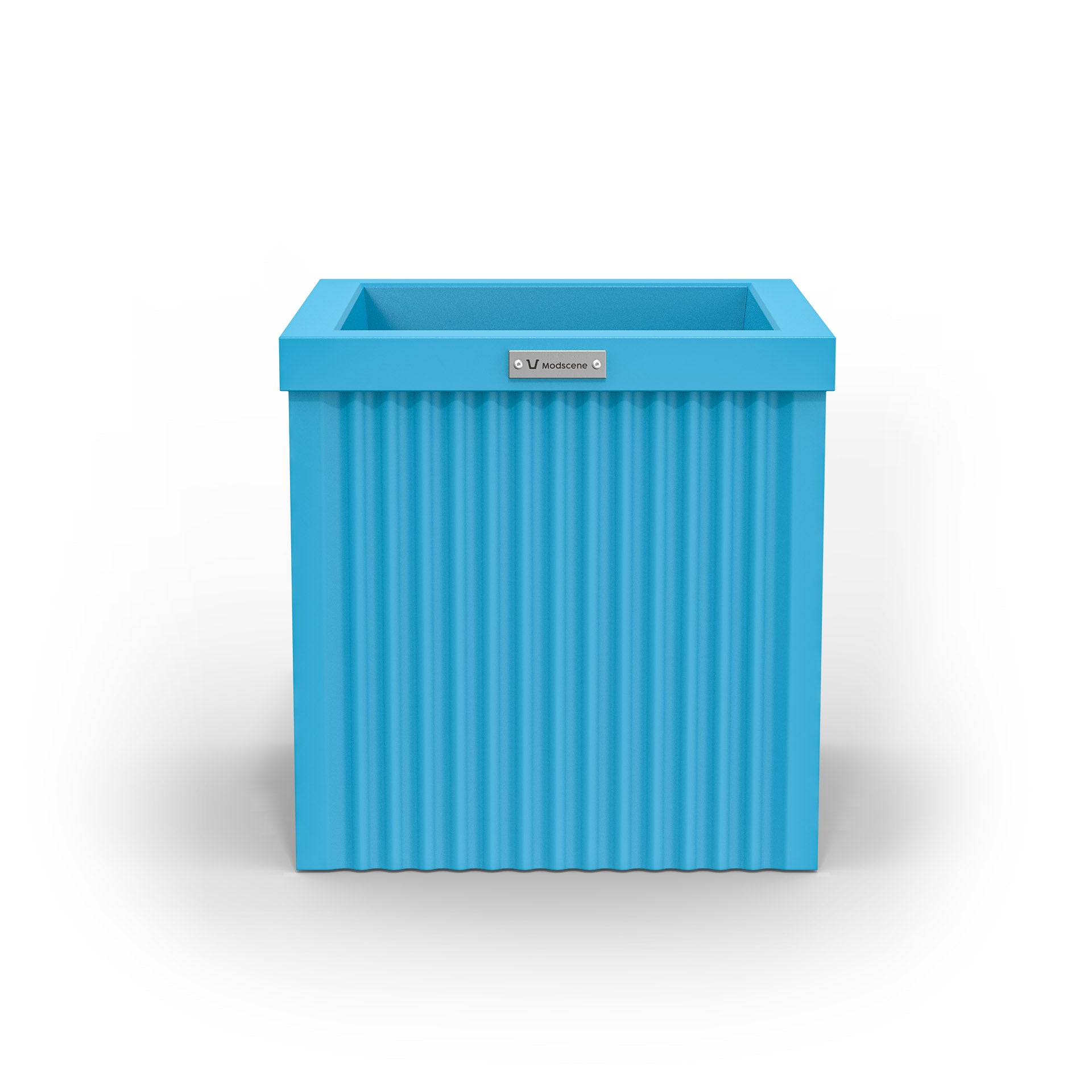 A corrugated square planter pot. The pot planter is light blue in colour.