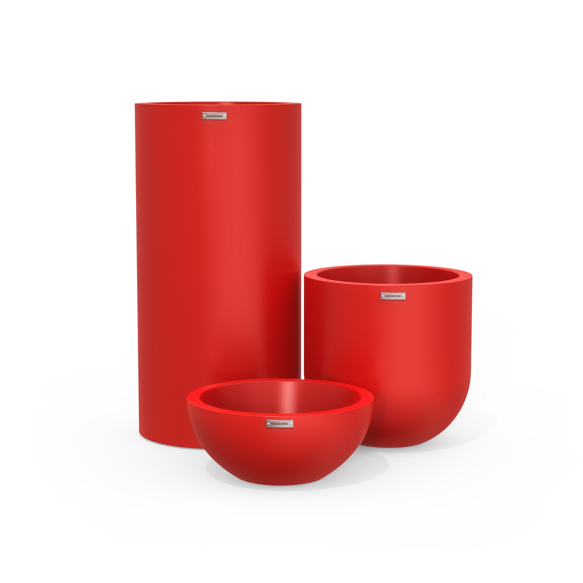 Cluster of three bright red plant pots. Outdoor garden pots NZ.