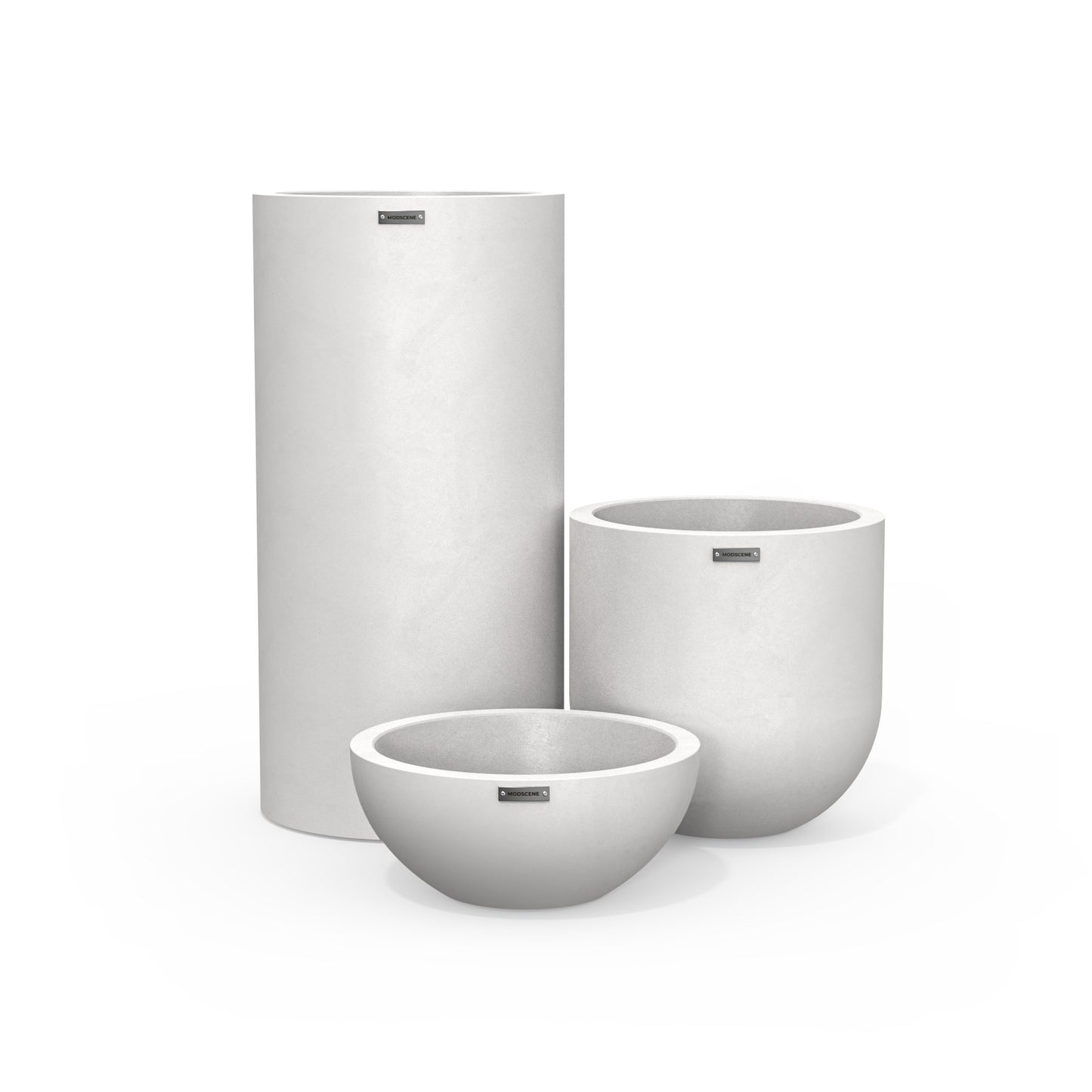 Cluster of three white plant pots. Modern outdoor planters NZ.