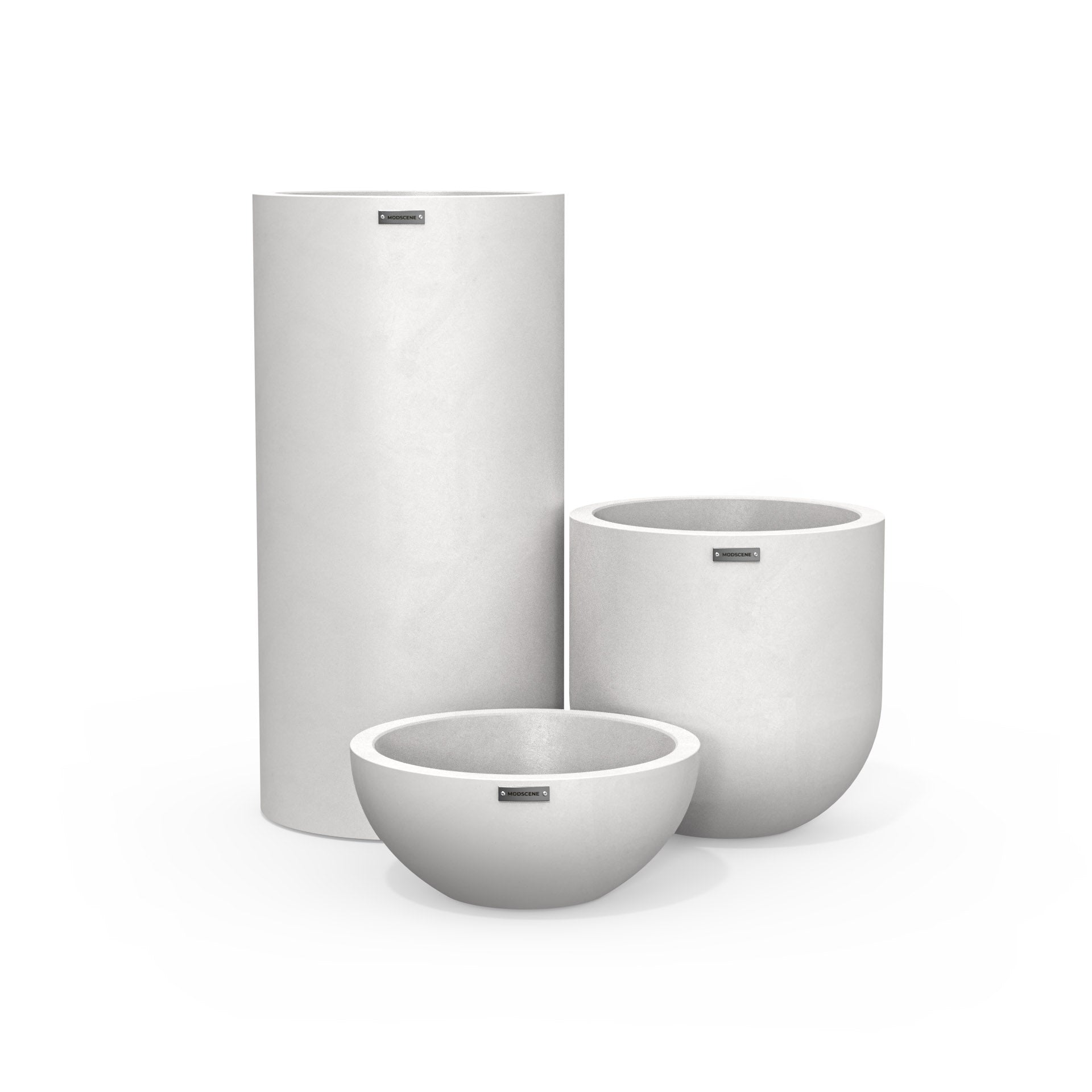 Cluster of three white plant pots. Modern outdoor planters NZ.