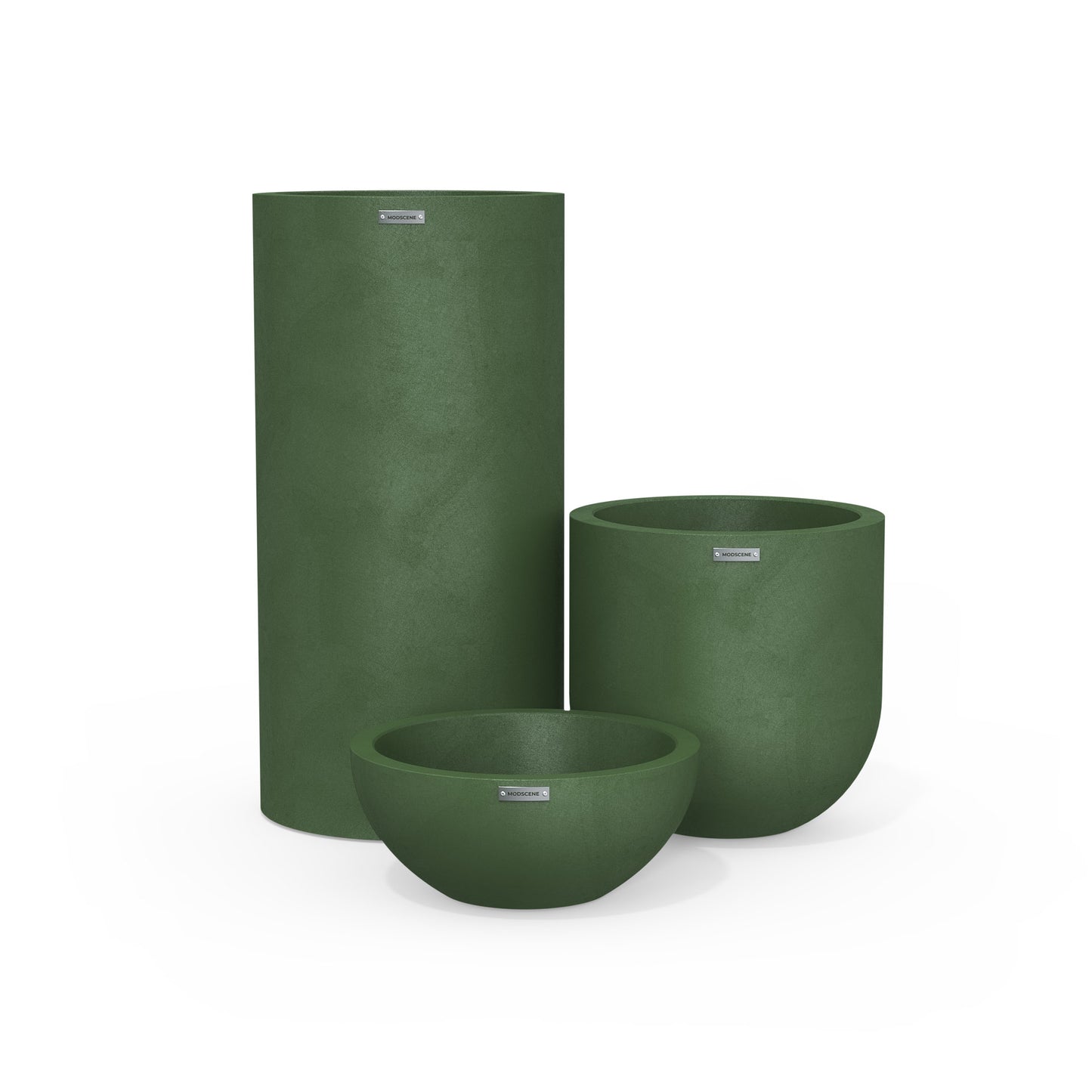 Cluster of three ceramic plant pots in a dark green colour. Decorative outdoor pots.