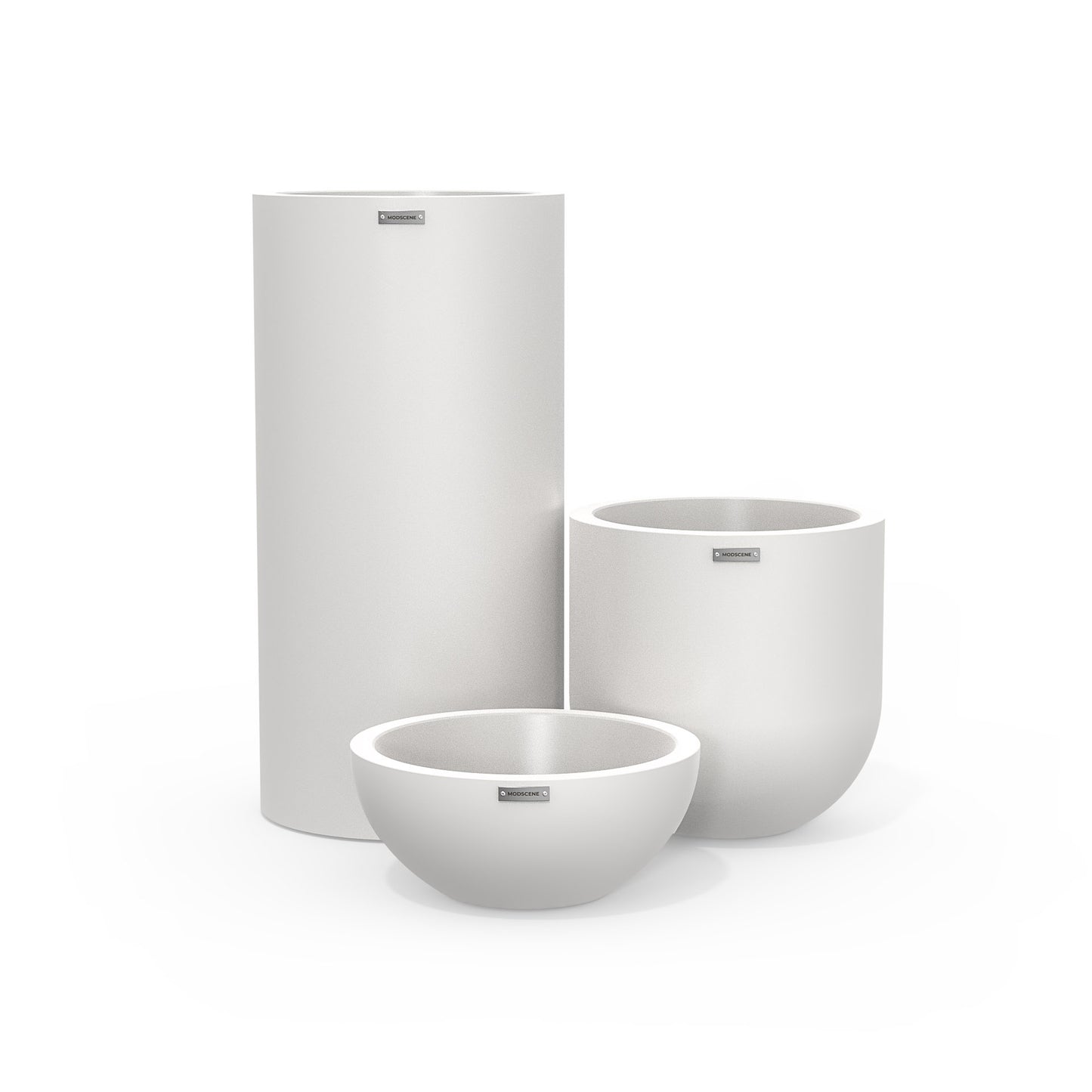 Cluster of three white plastic plant pots. Beautiful outdoor pots NZ.