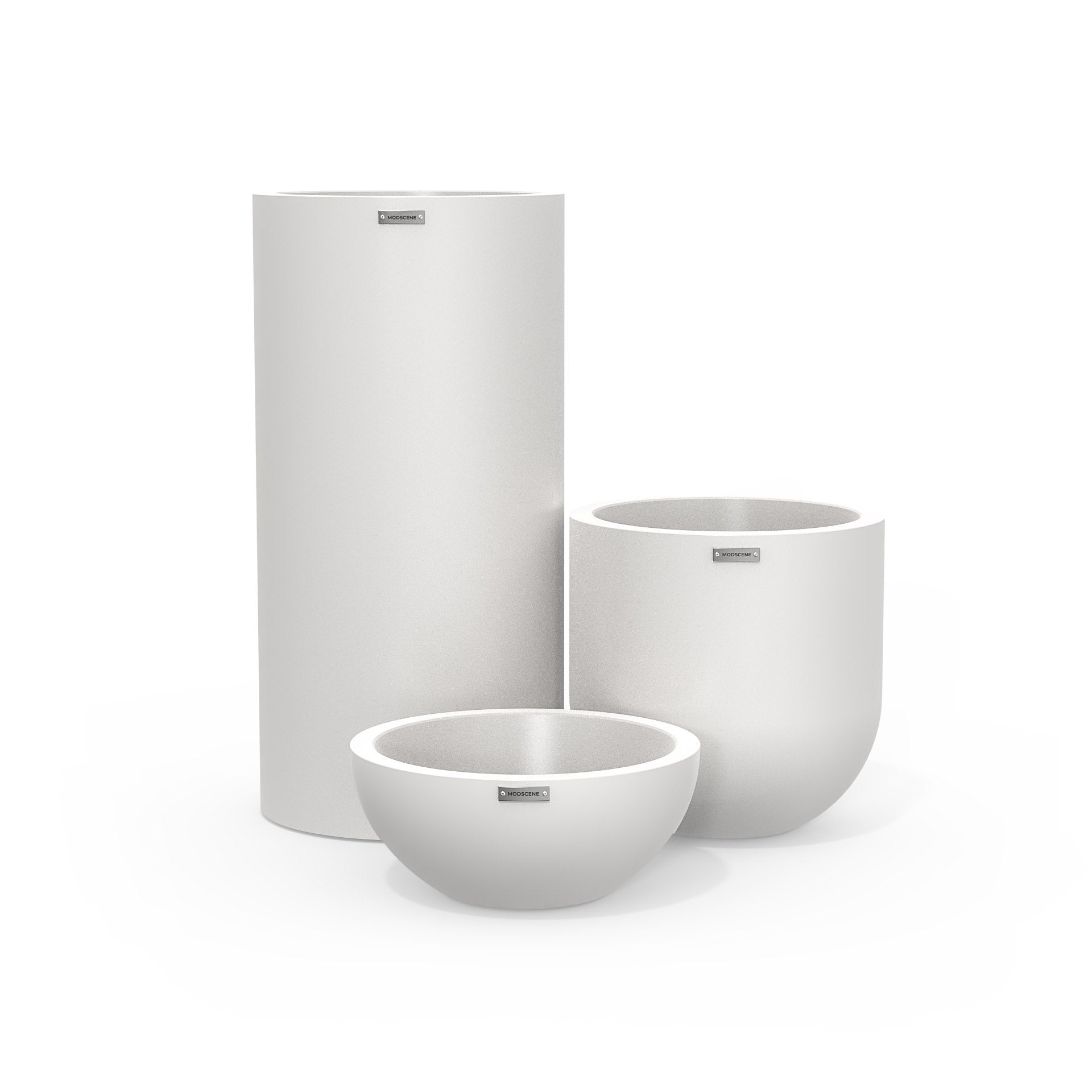 Cluster of three white plastic plant pots. Beautiful outdoor pots NZ.