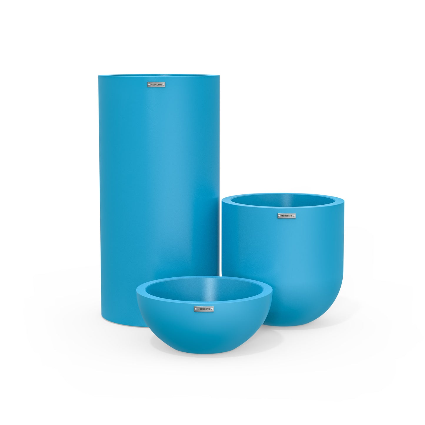 Cluster of three plastic plant pots in sky blue. Lightweight outdoor pots.