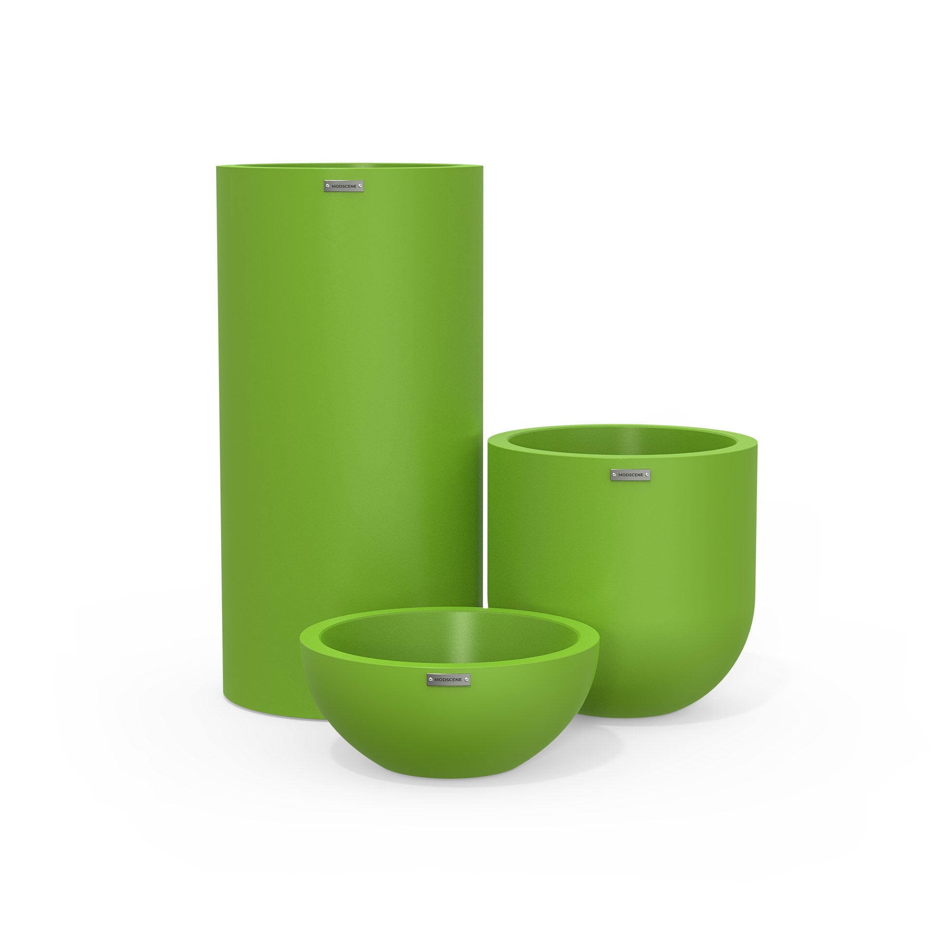 Cluster of three plastic plant pots in bright green. Modern outdoor pots NZ