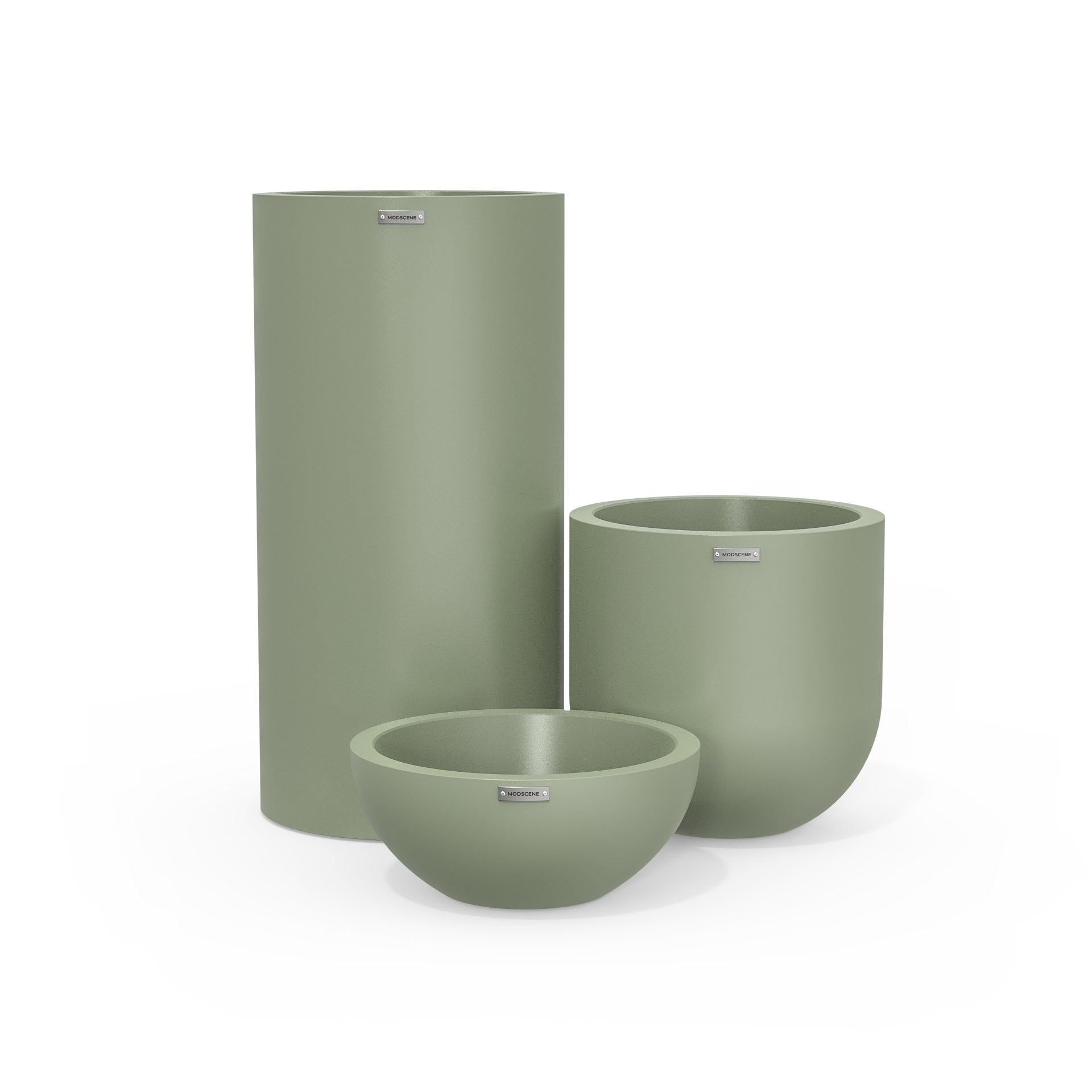Cluster of three plastic plant pots in a moss green colour. Outdoor designer planters NZ.