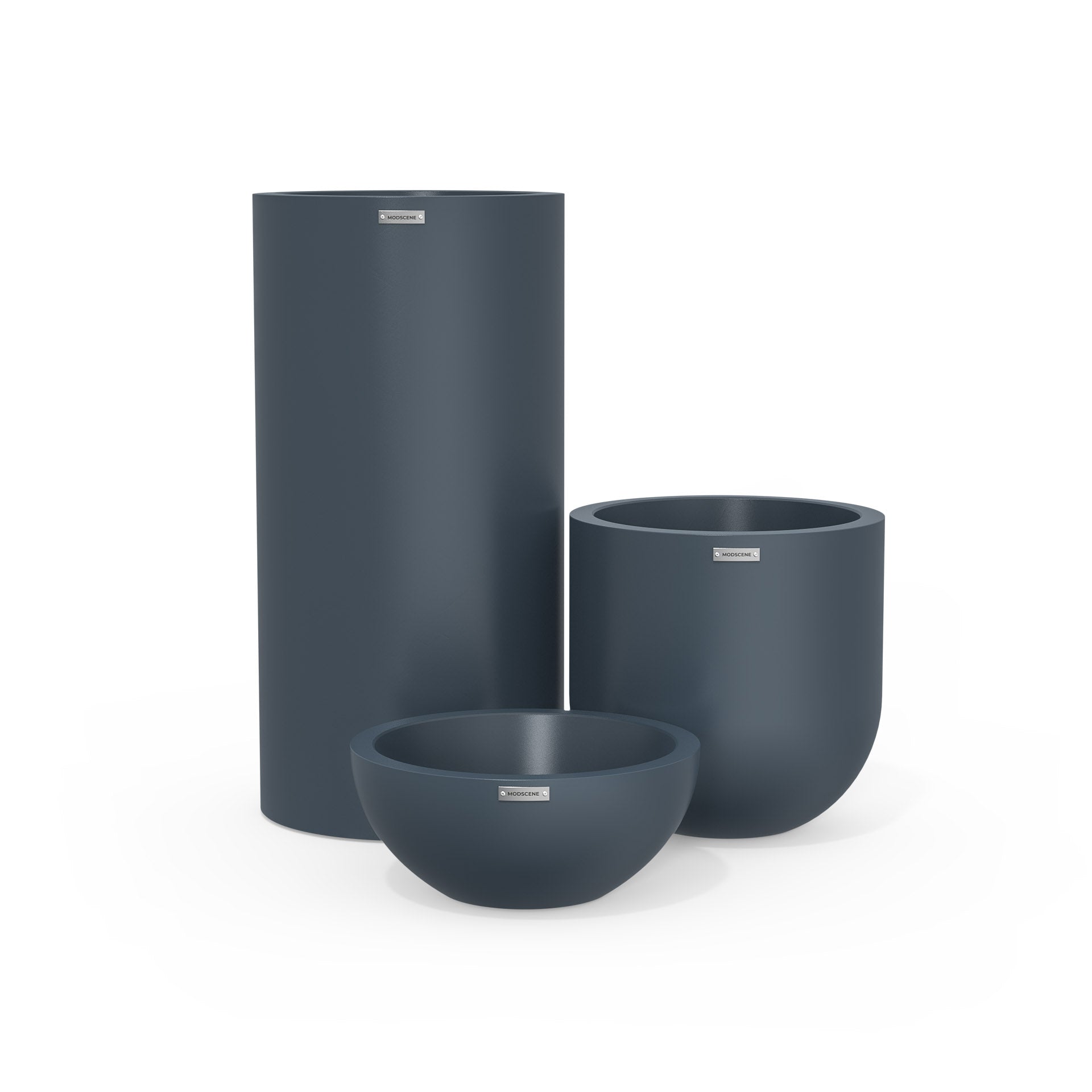 Cluster of three designer Modscene plant pots in a navy blue colour.