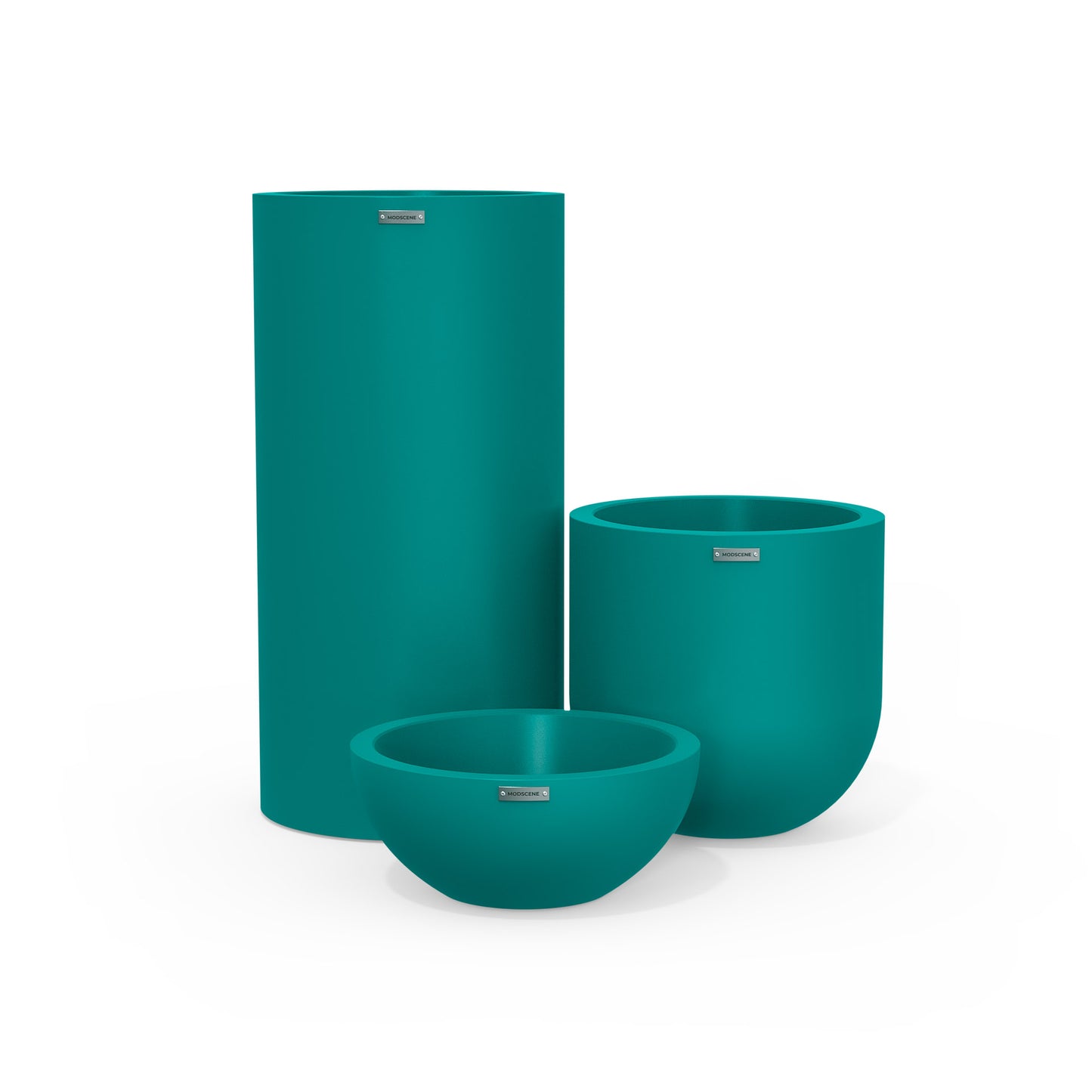 Cluster of three outdoor plant pots in a teal blue colour by Modscene.