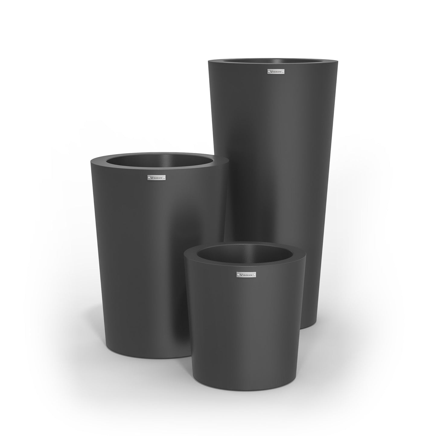 A cluster of three Modscene planter pots in a dark grey colour.