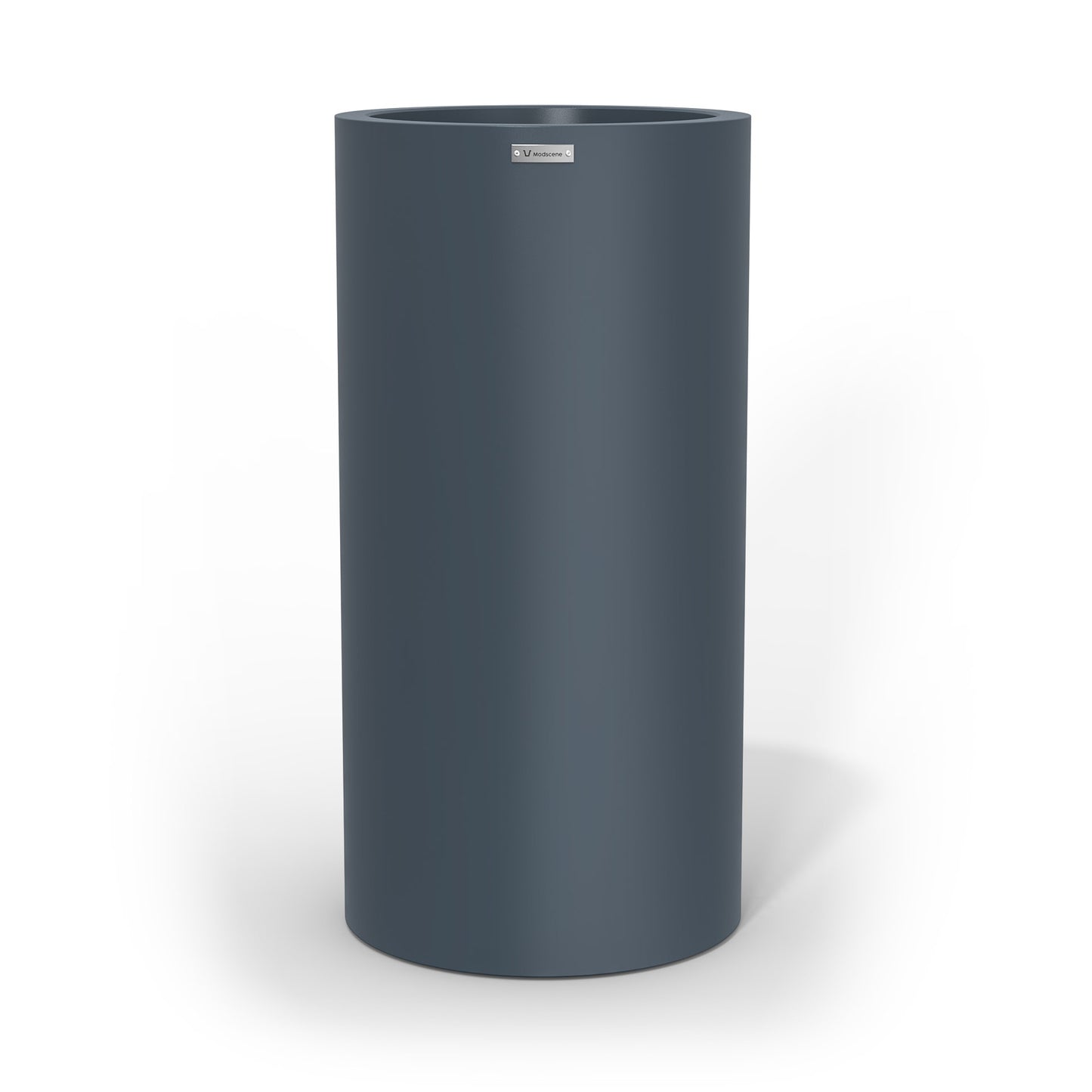 A tall cylinder planter pot in a storm blue colour made by Modscene NZ.
