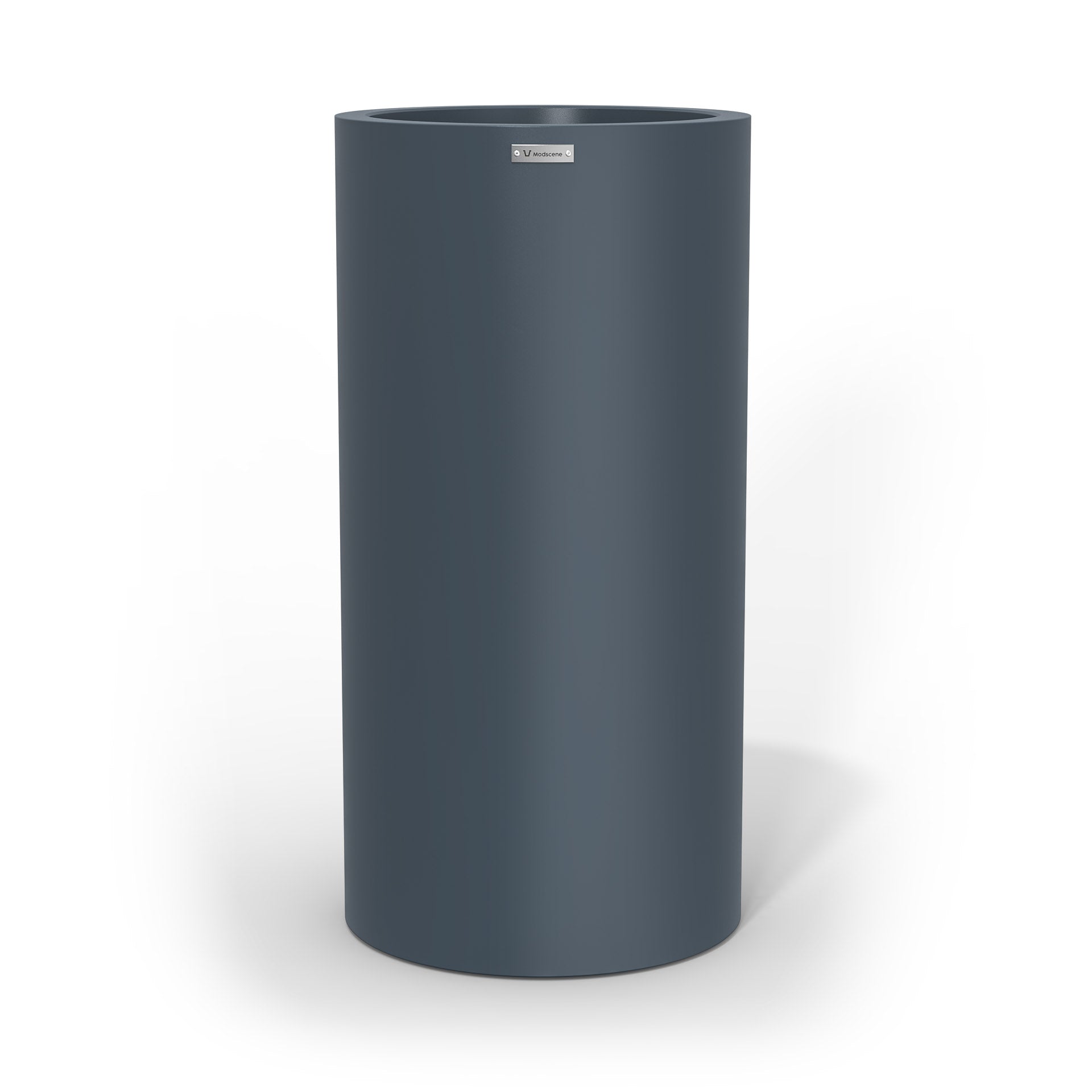 A tall cylinder planter pot in a storm blue colour made by Modscene NZ.