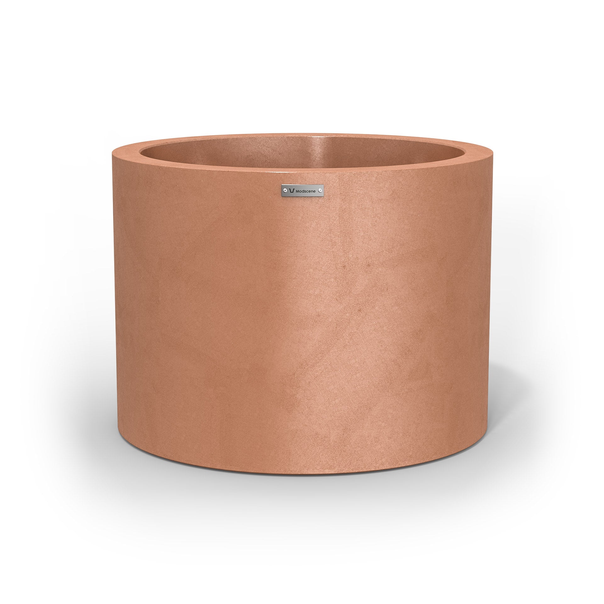 A cylinder shaped pot planter in a rustic terracotta colour.