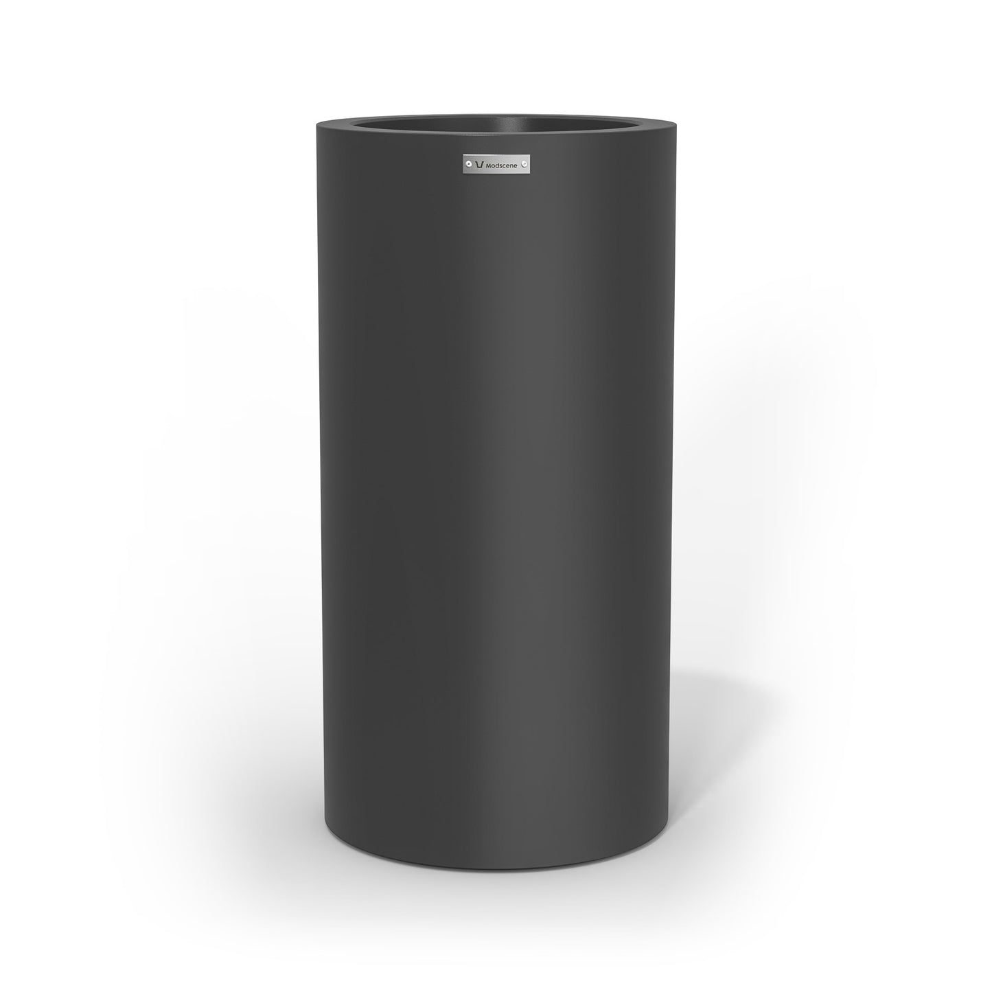 A large cigar cylinder pot planter in a dark grey colour.