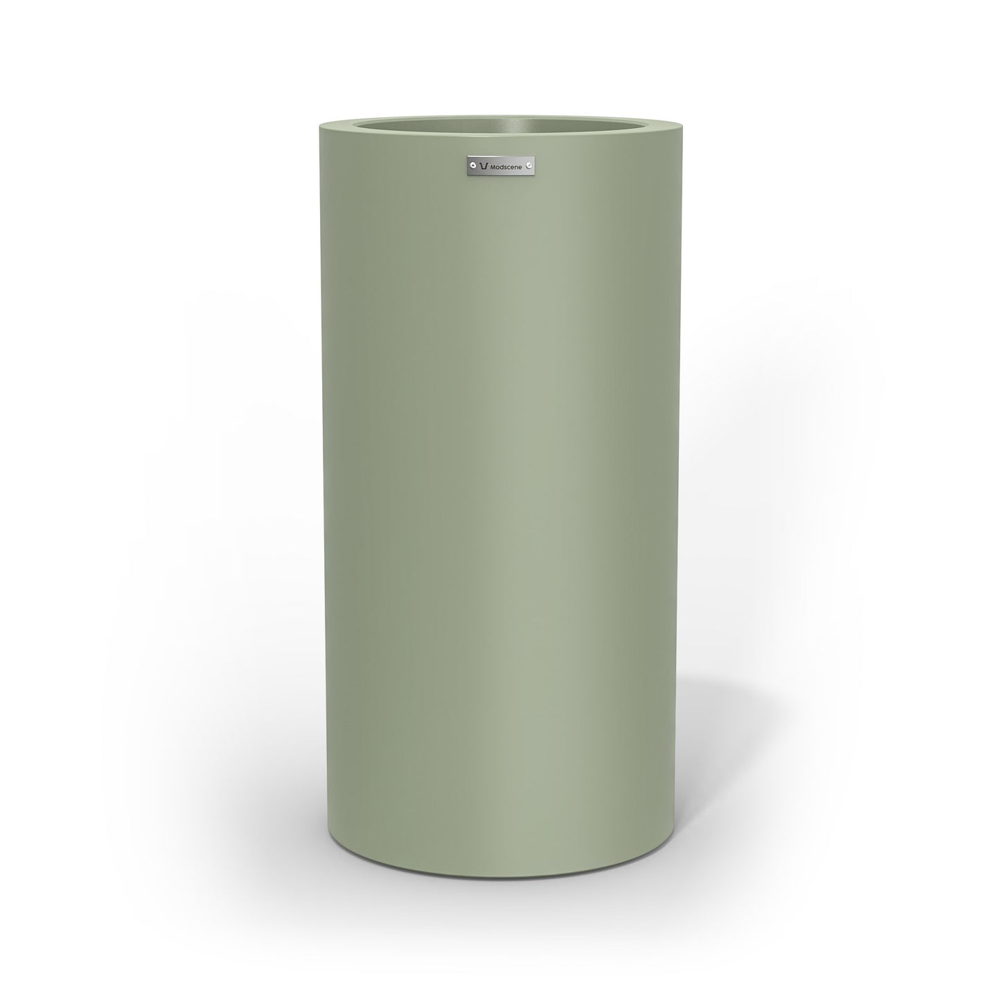 A large cigar cylinder pot planter in a moss green colour.