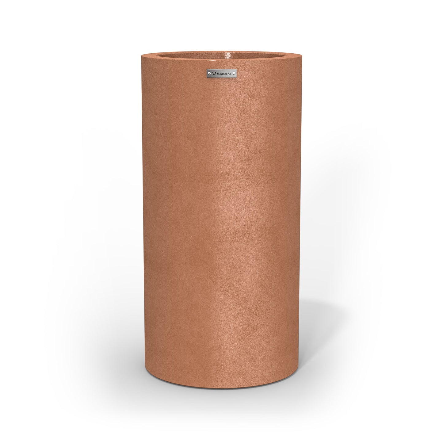 A large cigar cylinder pot planter in a rustic terracotta colour.