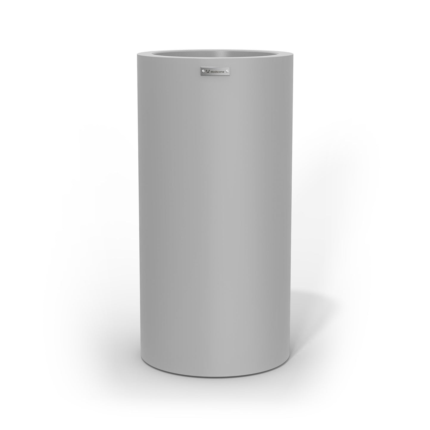 A large cigar cylinder pot planter in a light grey colour.