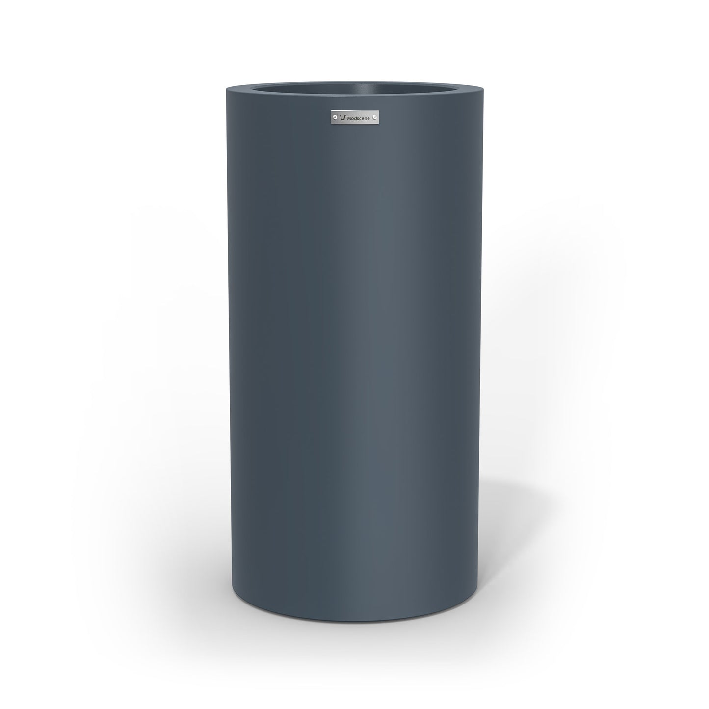 A large cigar cylinder pot planter in a storm blue colour.