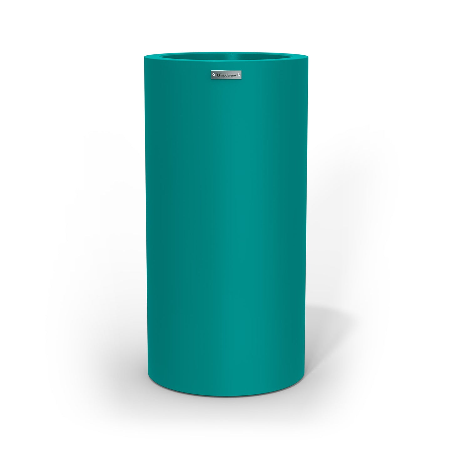 A large cigar cylinder pot planter in a teal colour.