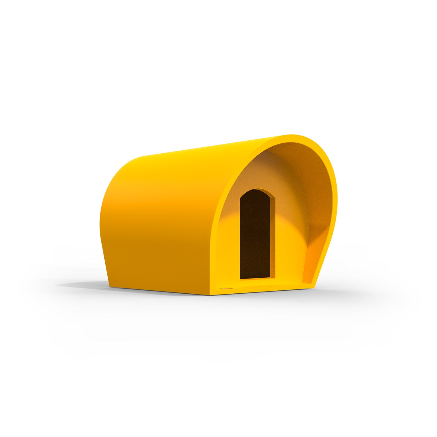 A medium-sized dog kennel made by Modscene NZ. The kennel is yellow.