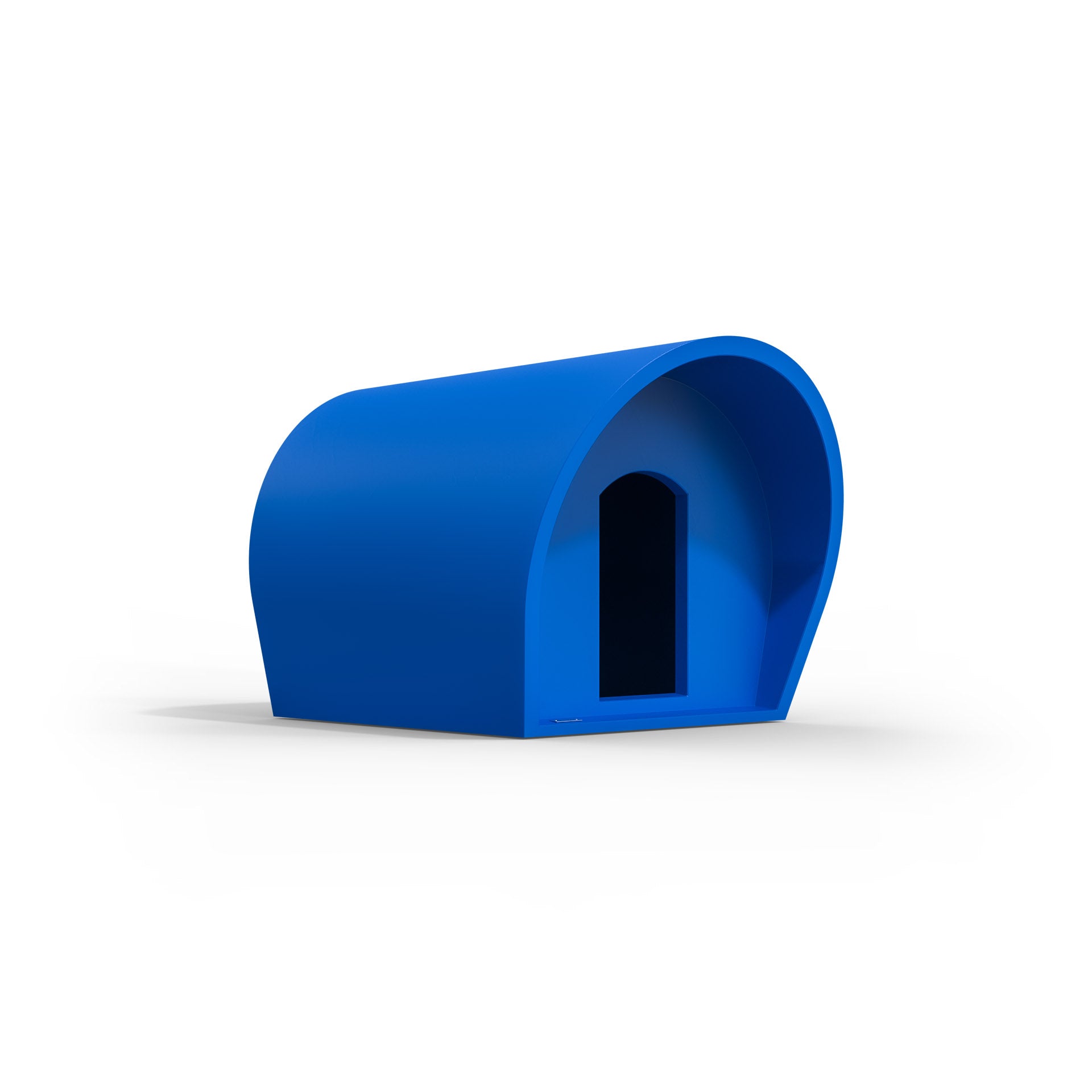 A medium-sized dog kennel made by Modscene NZ. The kennel is a deep blue colour.