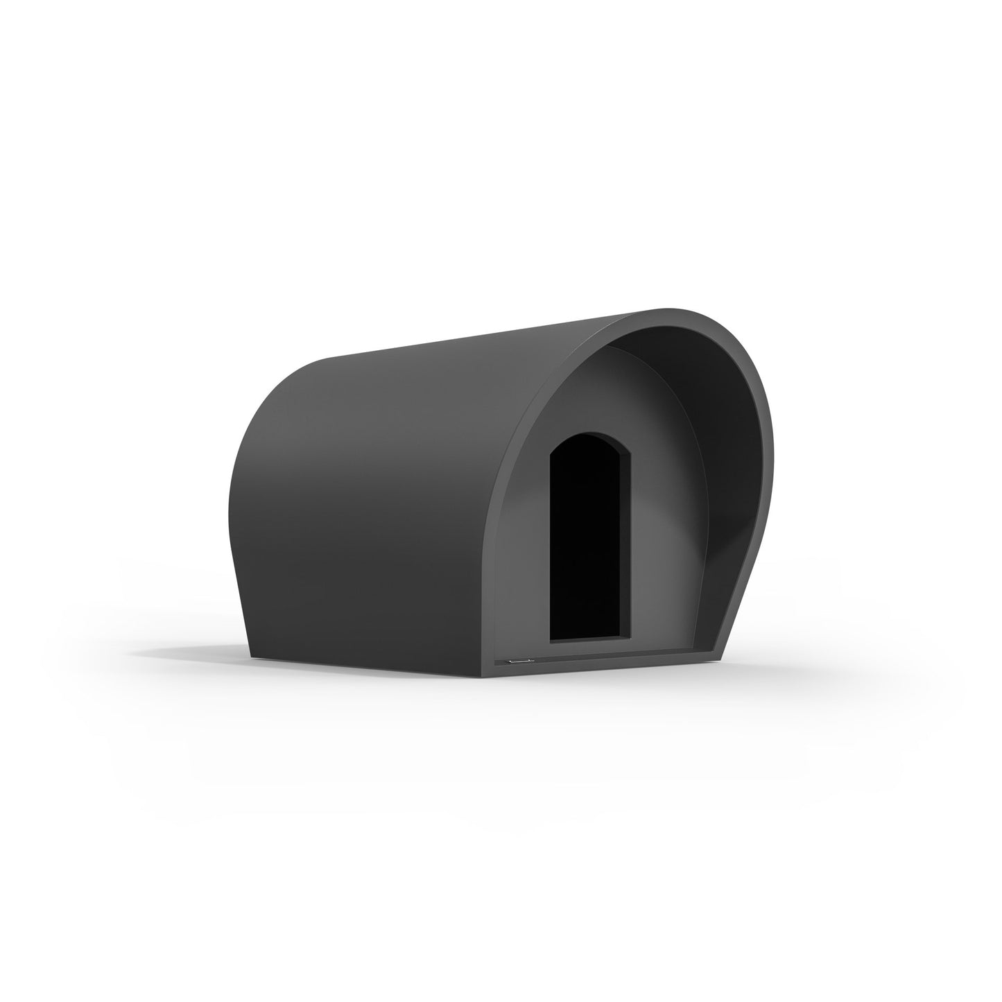 A medium-sized dog kennel made by Modscene NZ. The kennel is a dark grey colour.