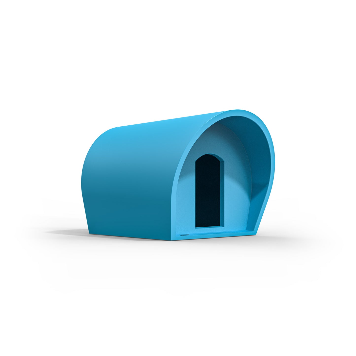A medium-sized dog kennel made by Modscene New Zealand. The kennel is blue.