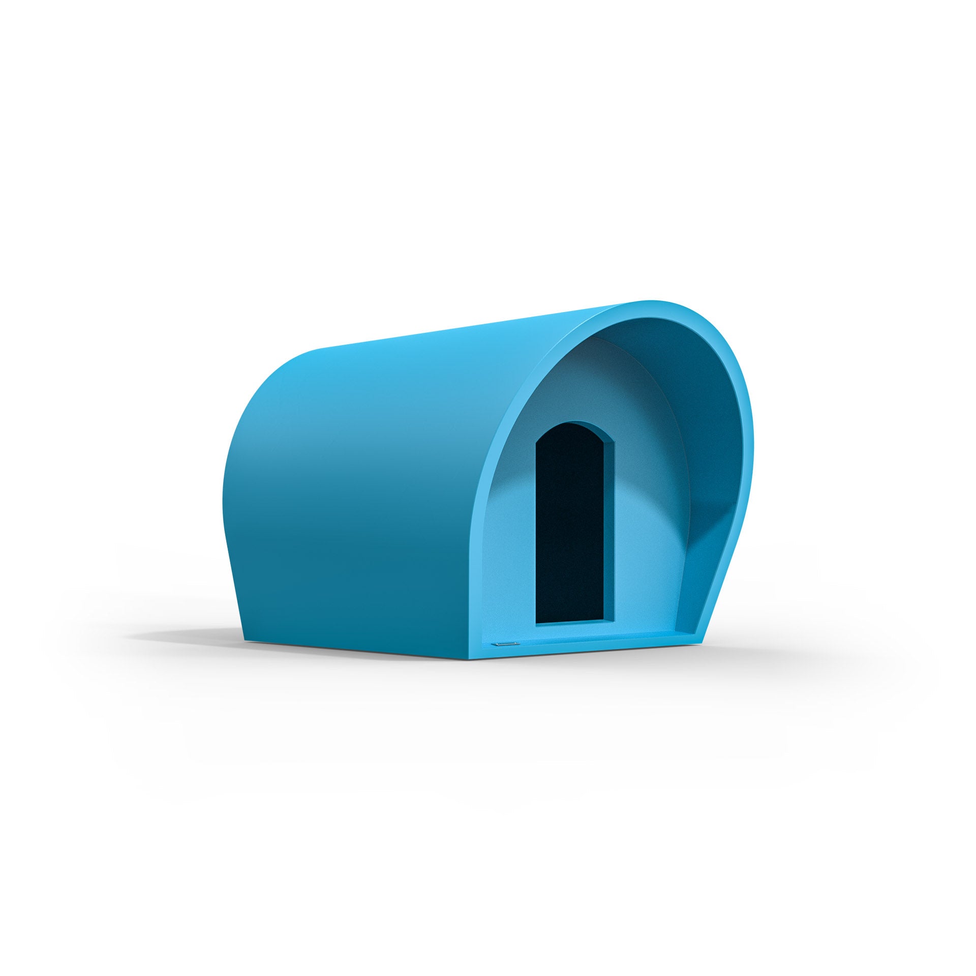 A medium-sized dog kennel made by Modscene New Zealand. The kennel is blue.