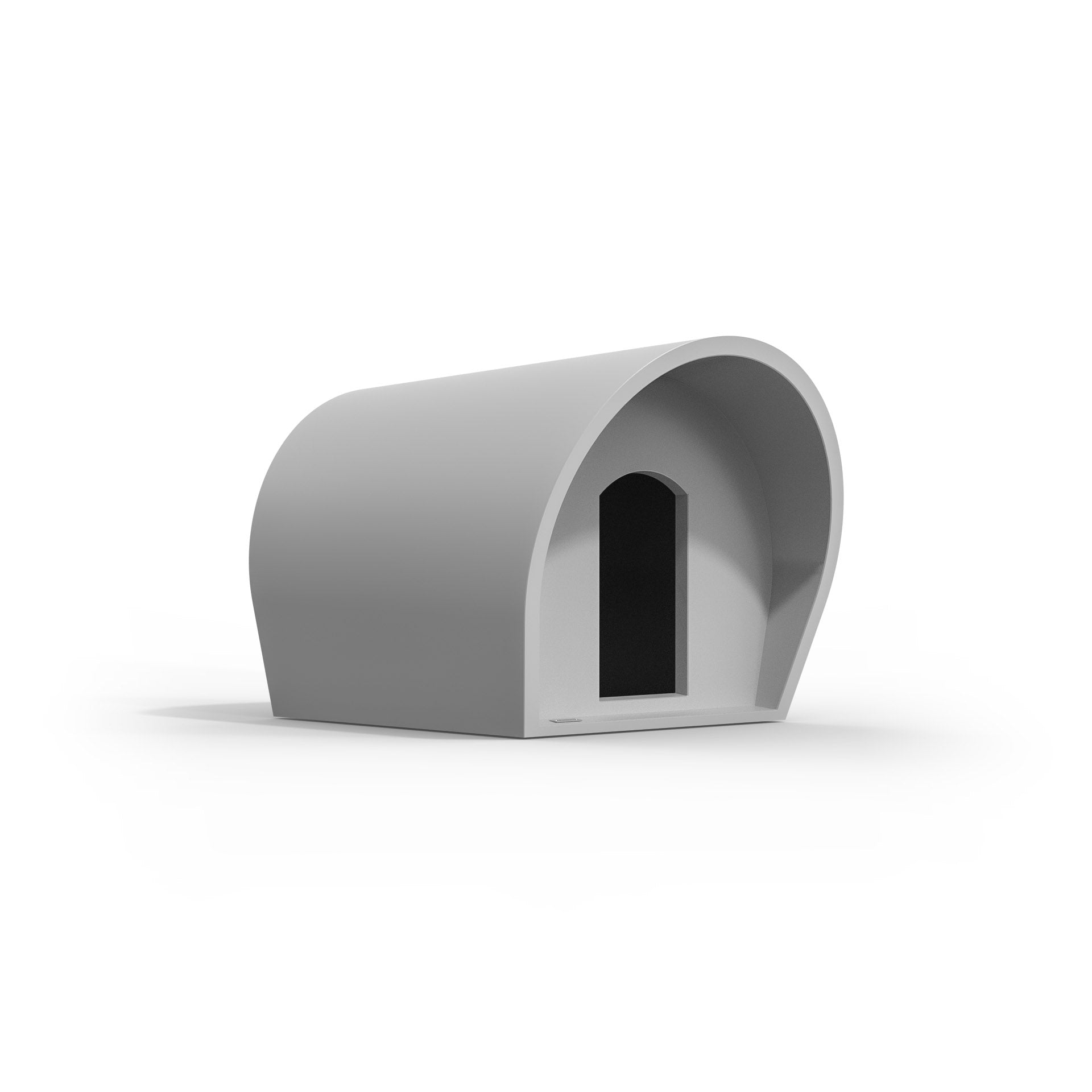 A medium-sized dog kennel made by Modscene NZ. The kennel is a light grey colour.