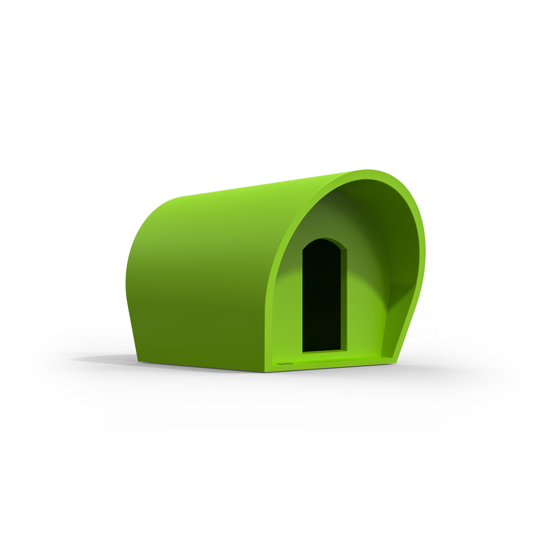 A medium-sized dog kennel made by Modscene New Zealand. The kennel is green.