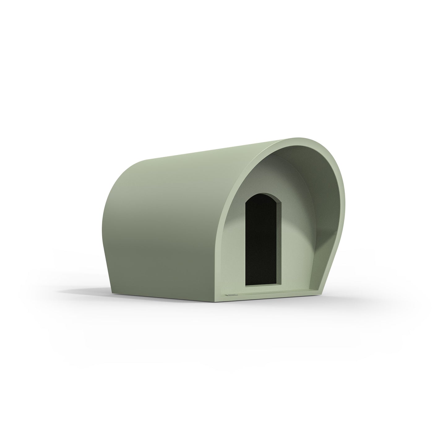A medium-sized dog kennel made by Modscene NZ. The kennel is moss green colour.