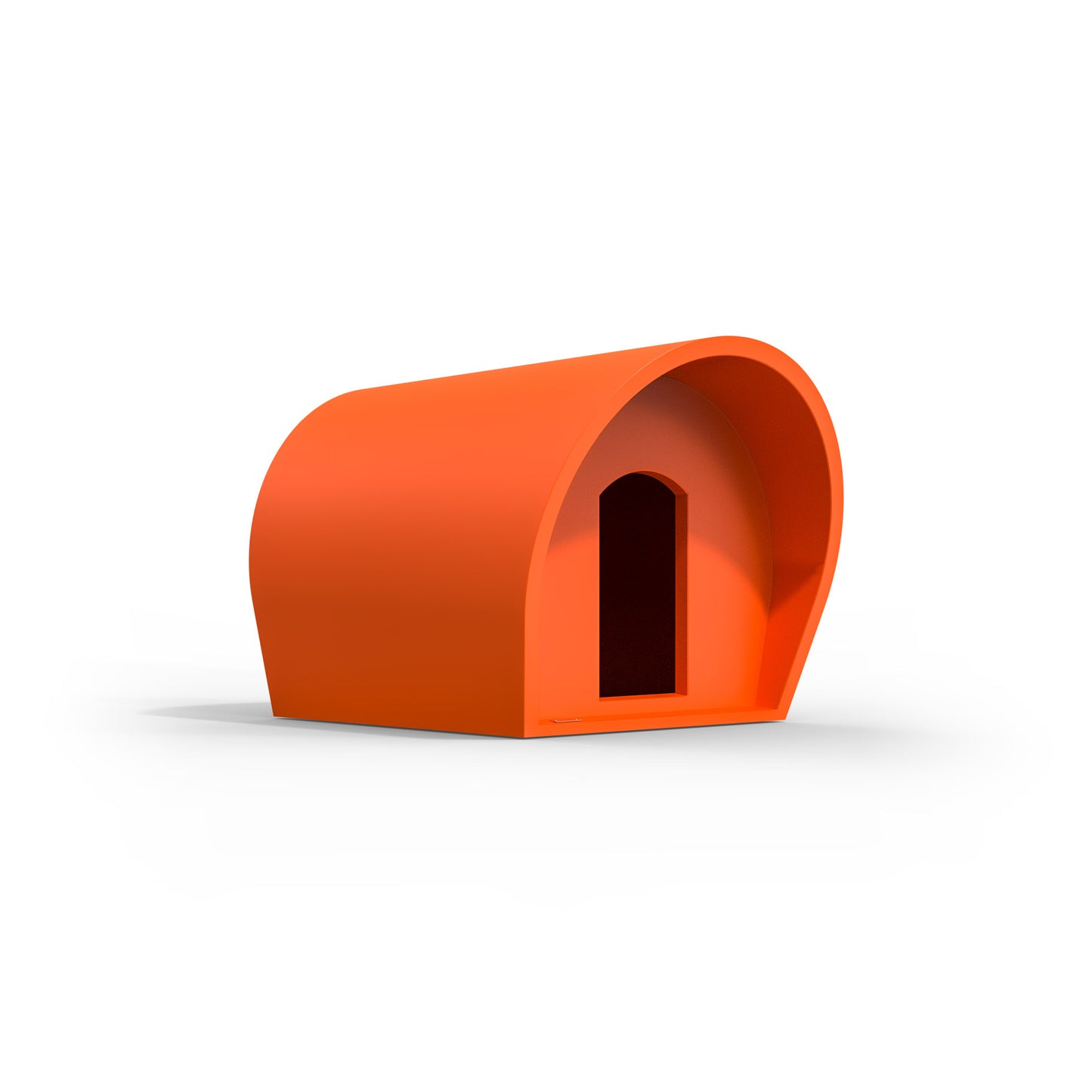 A medium-sized dog kennel made by Modscene NZ. The kennel is orange.
